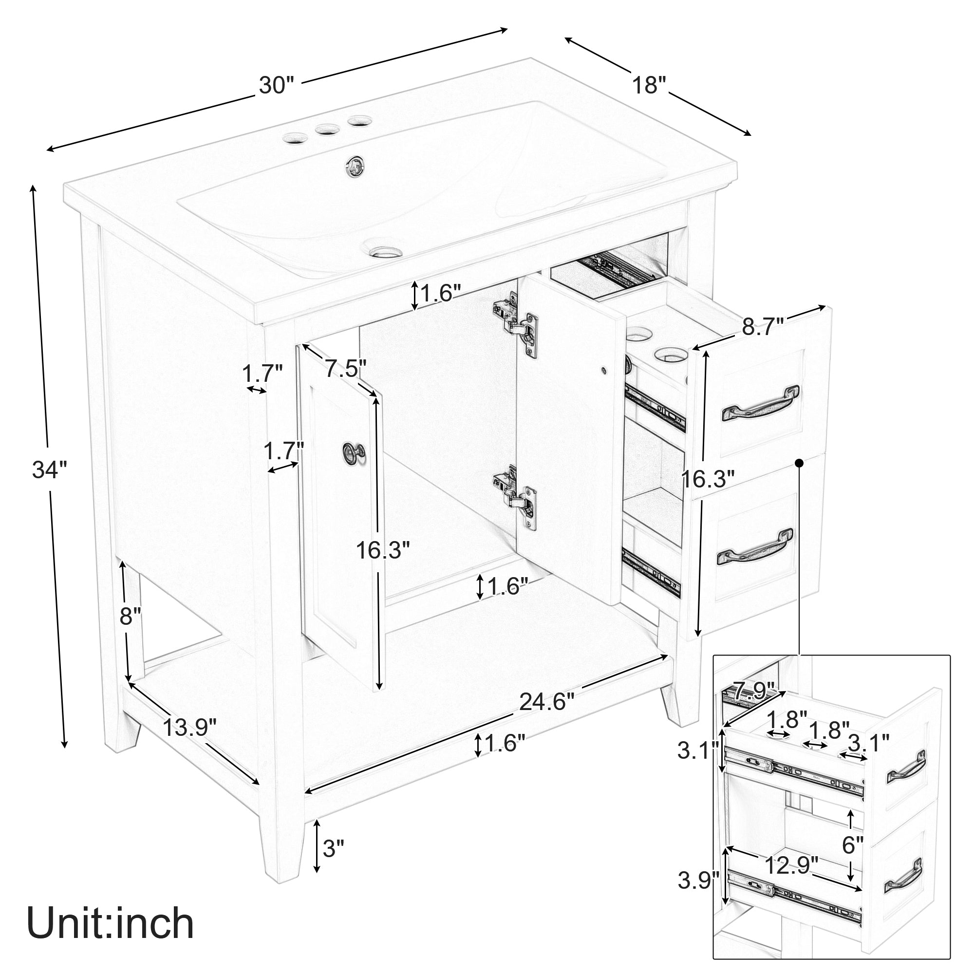 30" Bathroom Vanity with Ceramic Sink Top, Vanity Cabinet with Multi-Functional Drawer, Solid Wood Legs, White