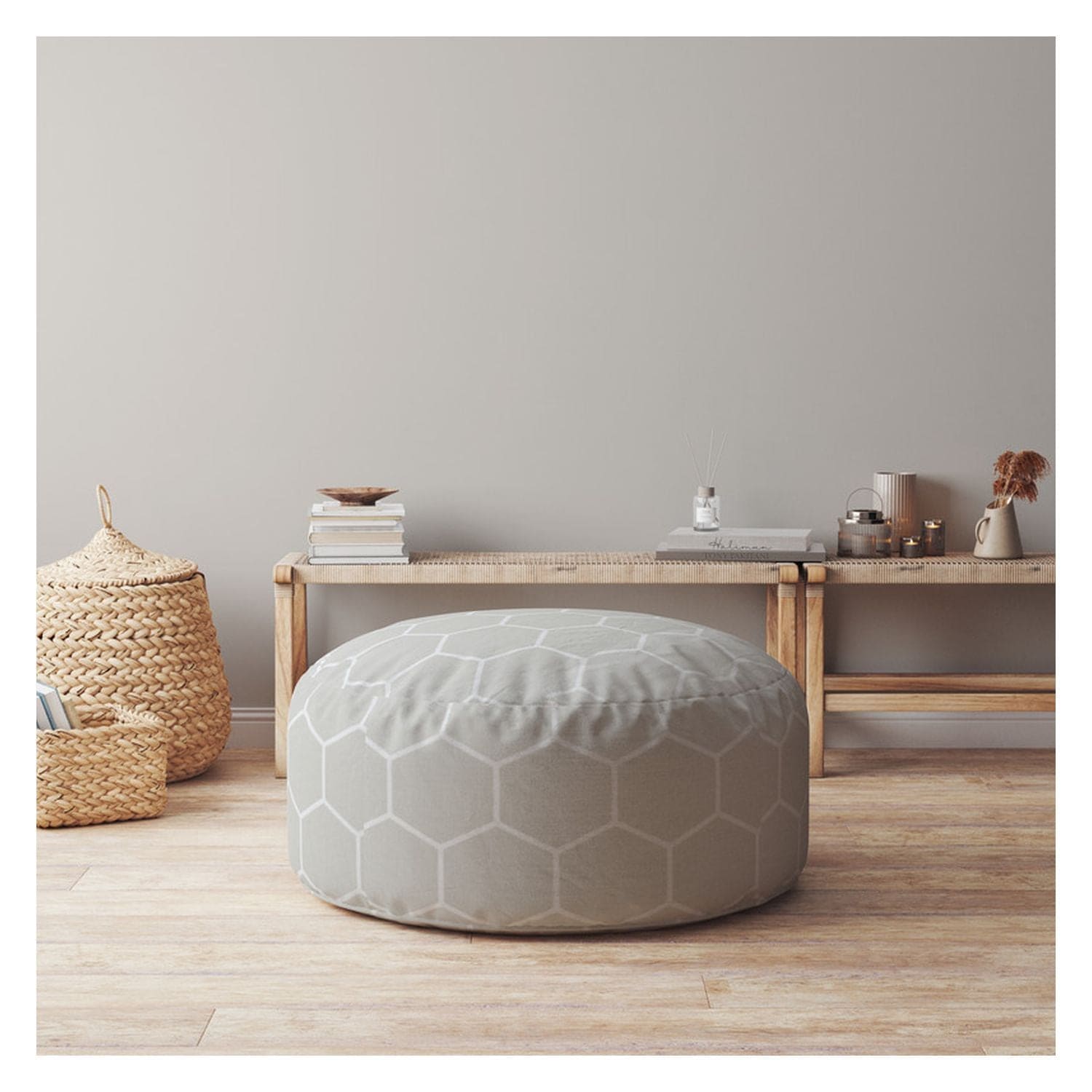 Indoor HONEYCOMB Light Grey Round Zipper Pouf - Cover Only - 24in dia x 20in tall