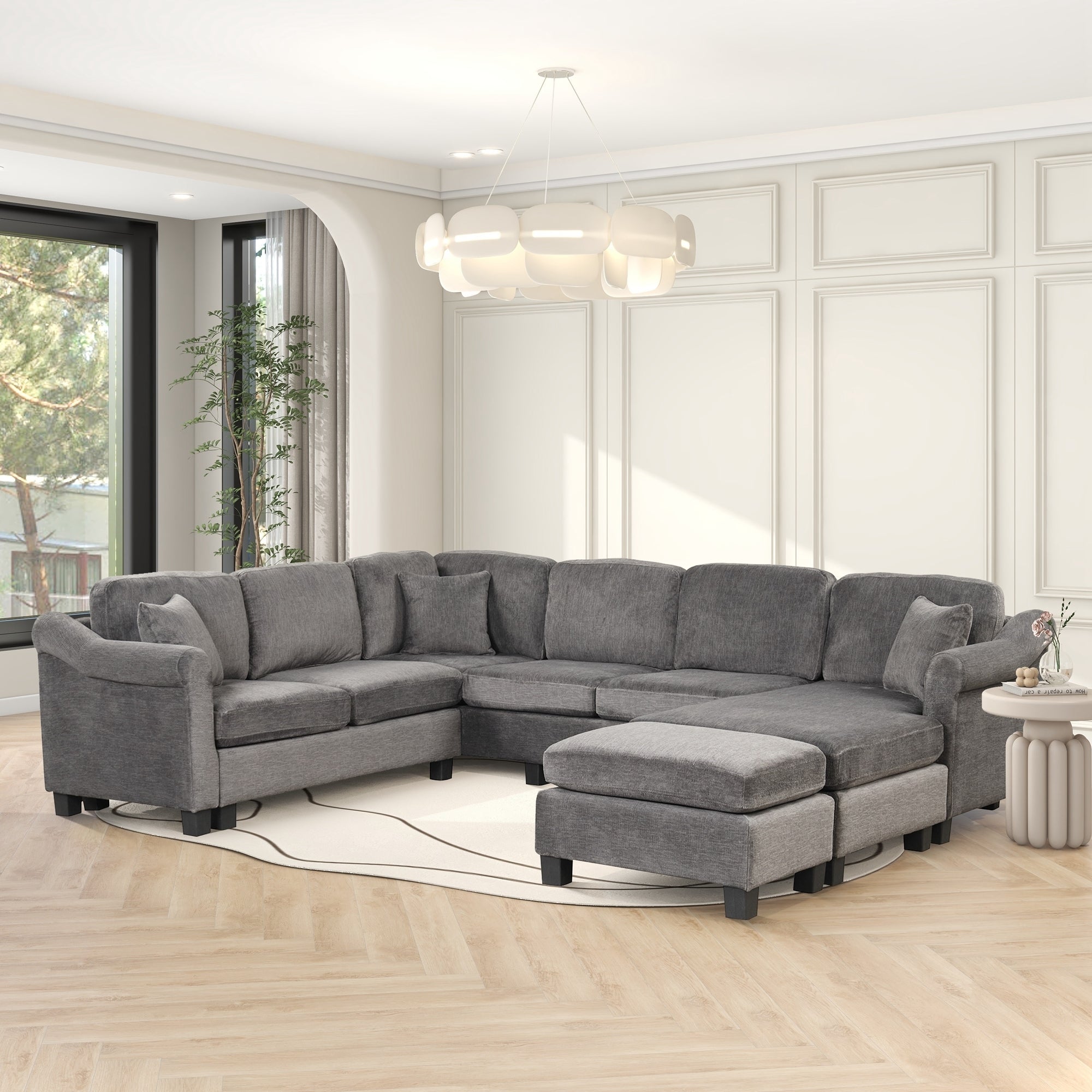 122.1" *91.3"  4pcs Sectional Sofa with Ottoman with Right Side Chaise velvet fabric Dark Gray