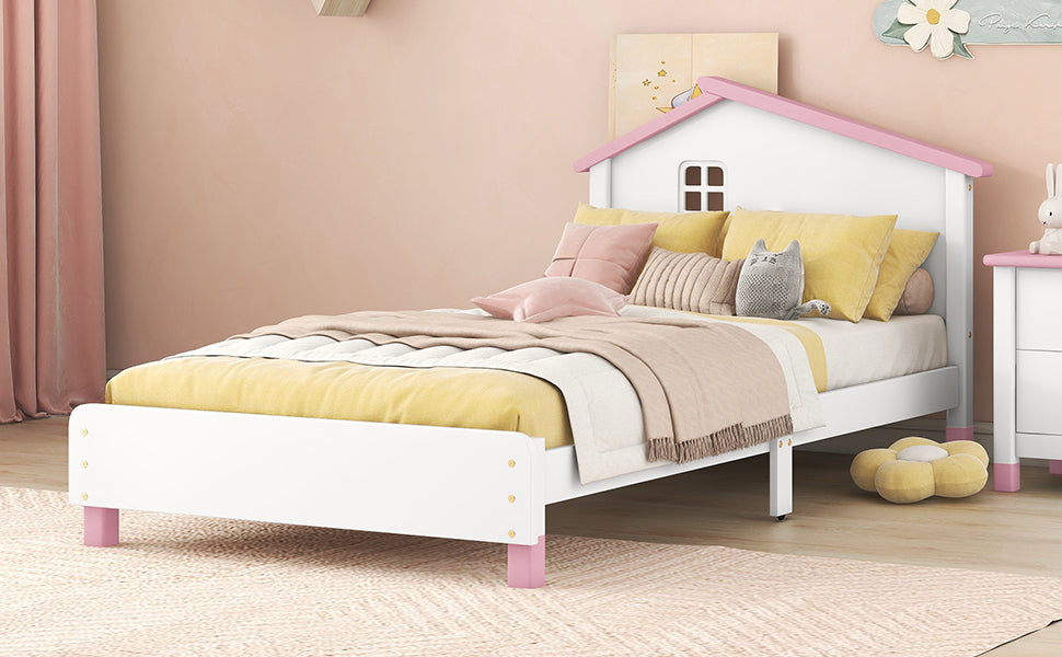 Twin Size Wood Platform Bed with House-shaped Headboard  (White+Pink)