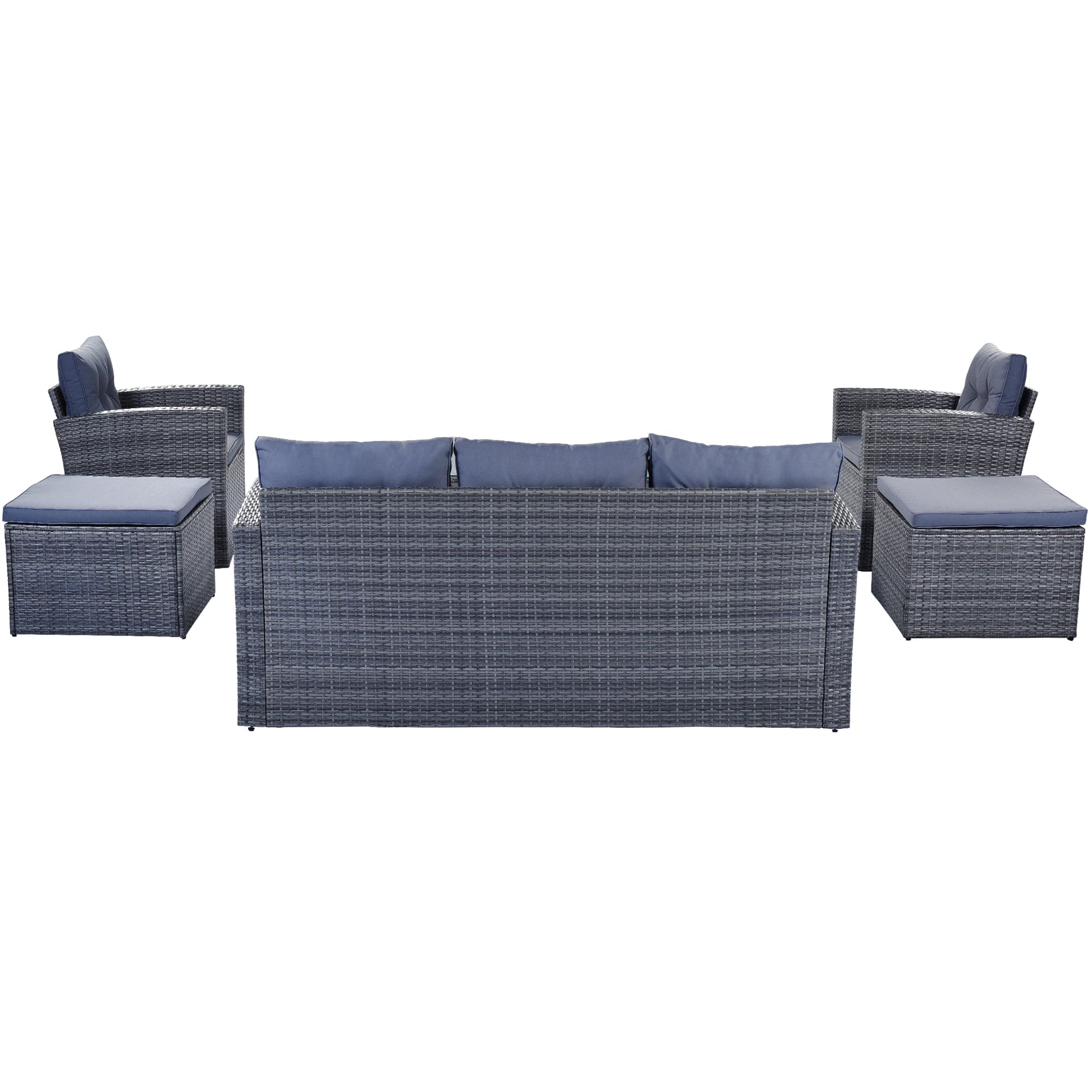 GO 6-piece All-Weather Wicker PE rattan Patio Outdoor Dining Conversation Sectional Set with coffee table, wicker sofas, ottomans,  removable cushions (Dark grey wicker, Light grey cushion)