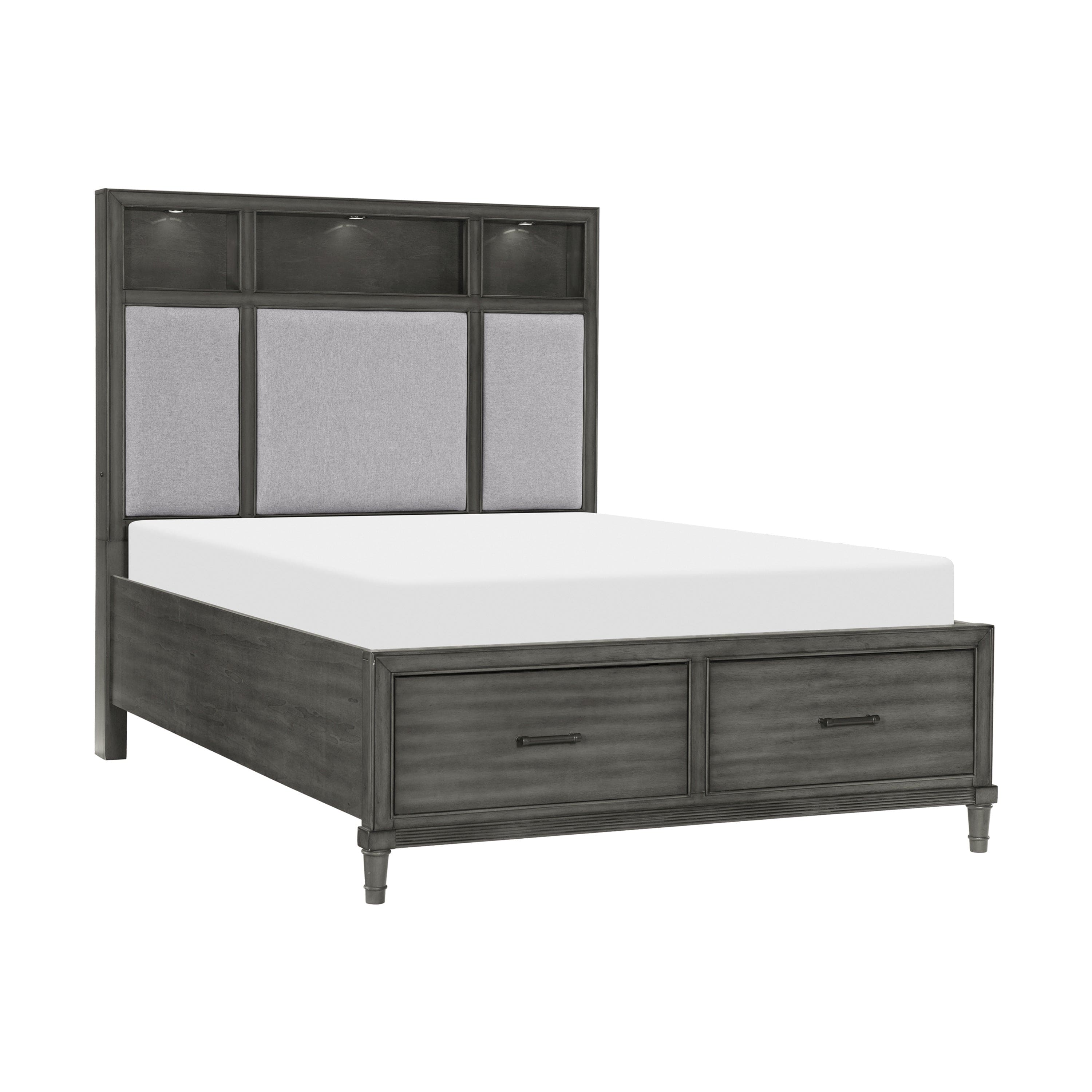 Gray Queen Platform Bed w Storage Drawers Upholstered Headboard USB Ports LED Lights Bedroom Furniture Transitional Style