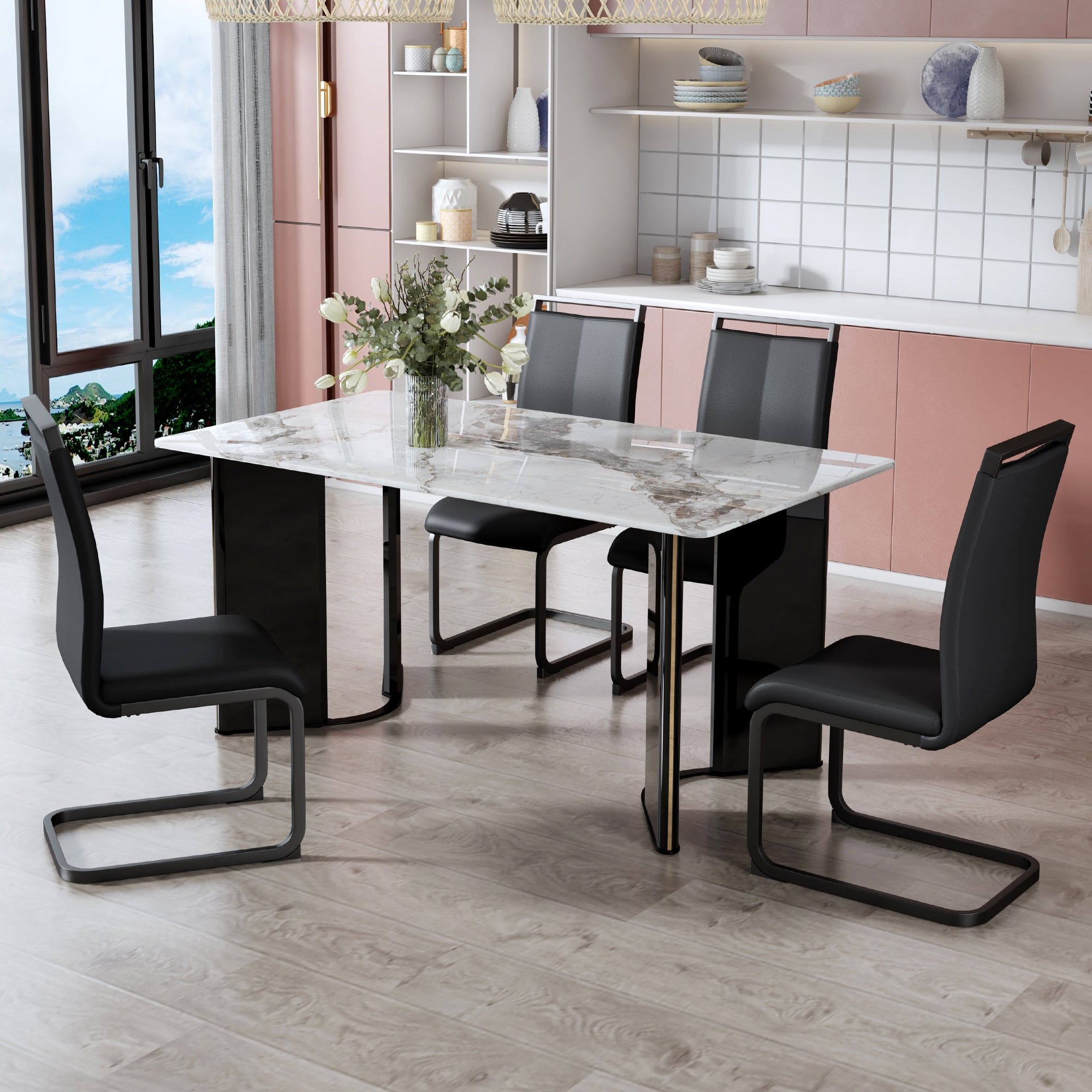 Table and chair set. 1 table and 4 chairs. Rectangular dining table, white imitation marble tabletop, MDF table legs with gold metal decorative strips. Black chair. HH 1162