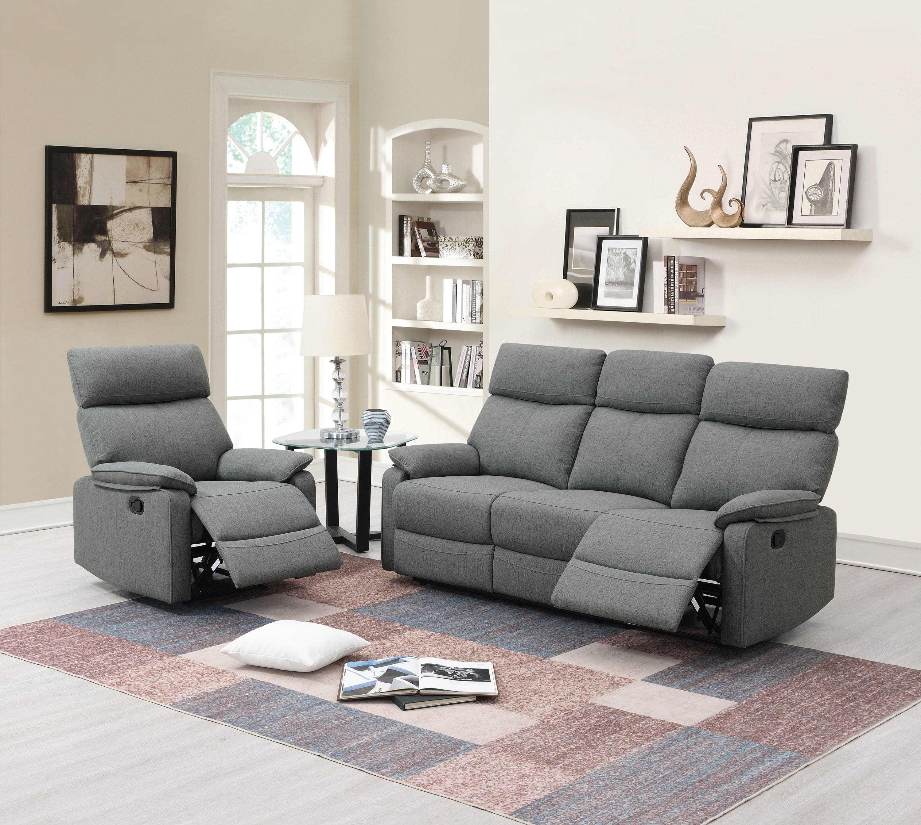 Gray Color Burlap Fabric Recliner Motion Sofa 1pc Couch Manual Motion Sofa Living Room Furniture