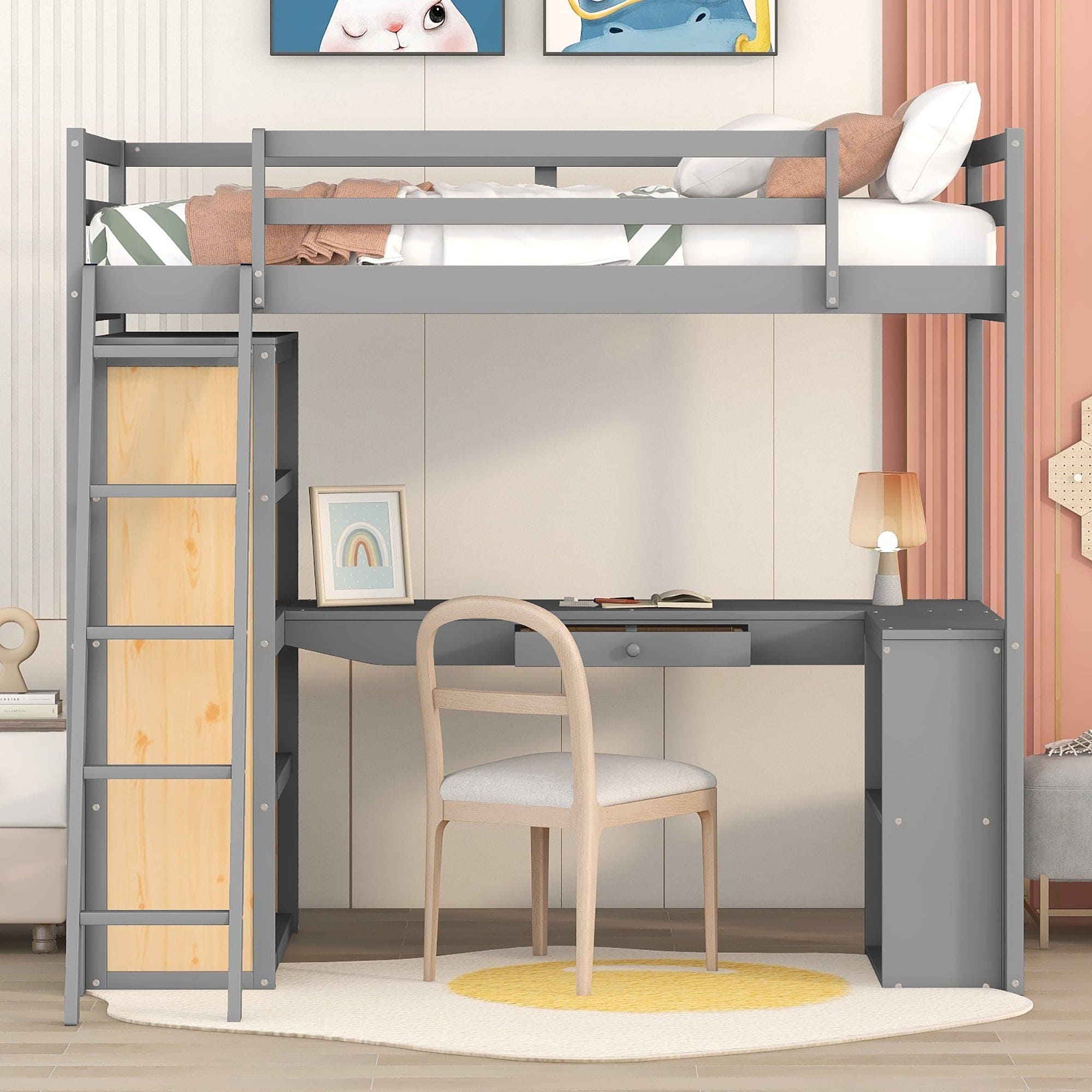 Twin Size Loft Bed with Ladder, Shelves, and Desk, Gray(LT100225AAE)