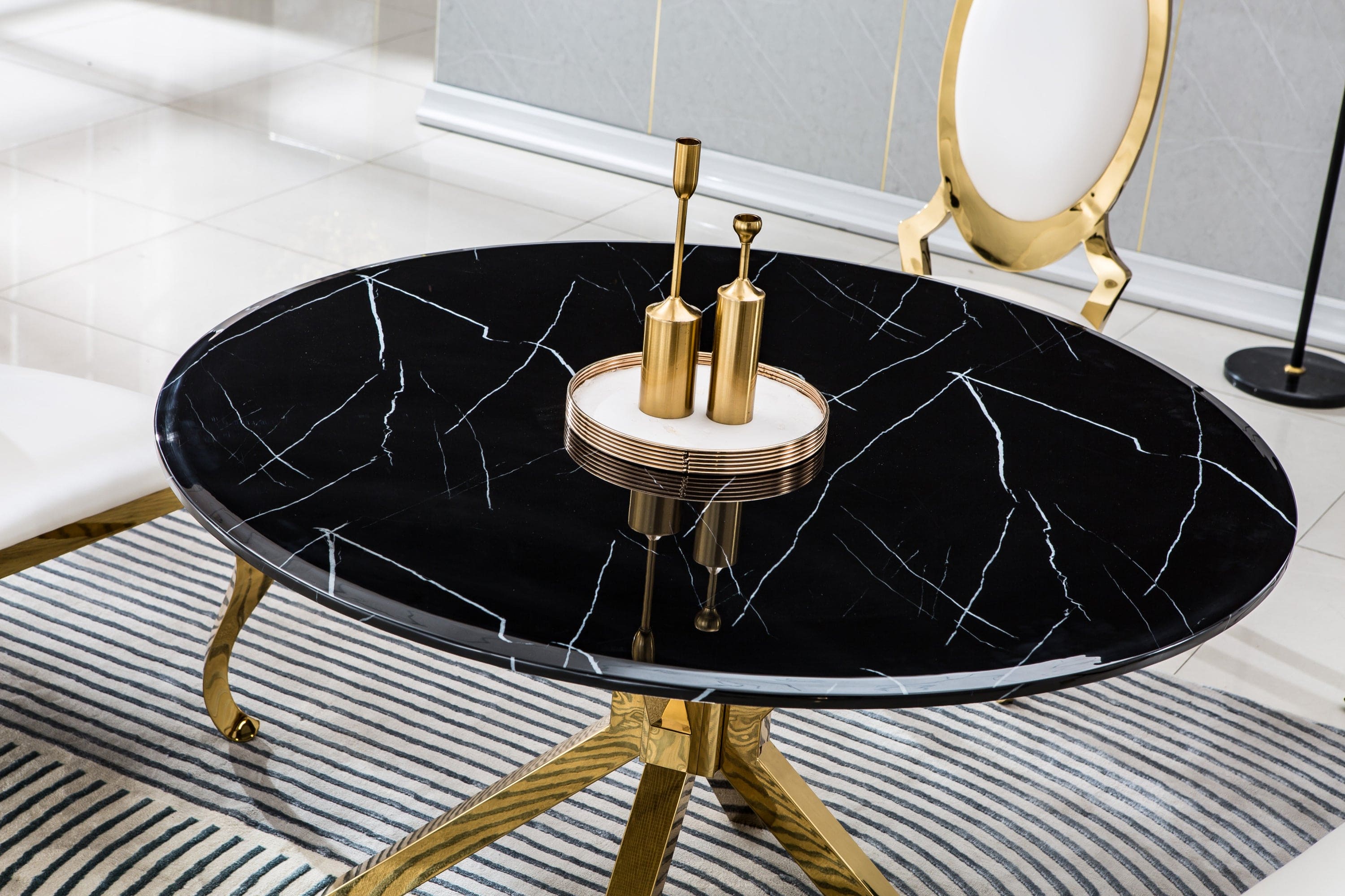 Modern Round Marble Table for Dining Room/Kitchen, 1.02" Thick Marble Top, Gold Finish Stainless Steel Base, Size:47"Lx47"Dx30"H(Not Including Chairs)