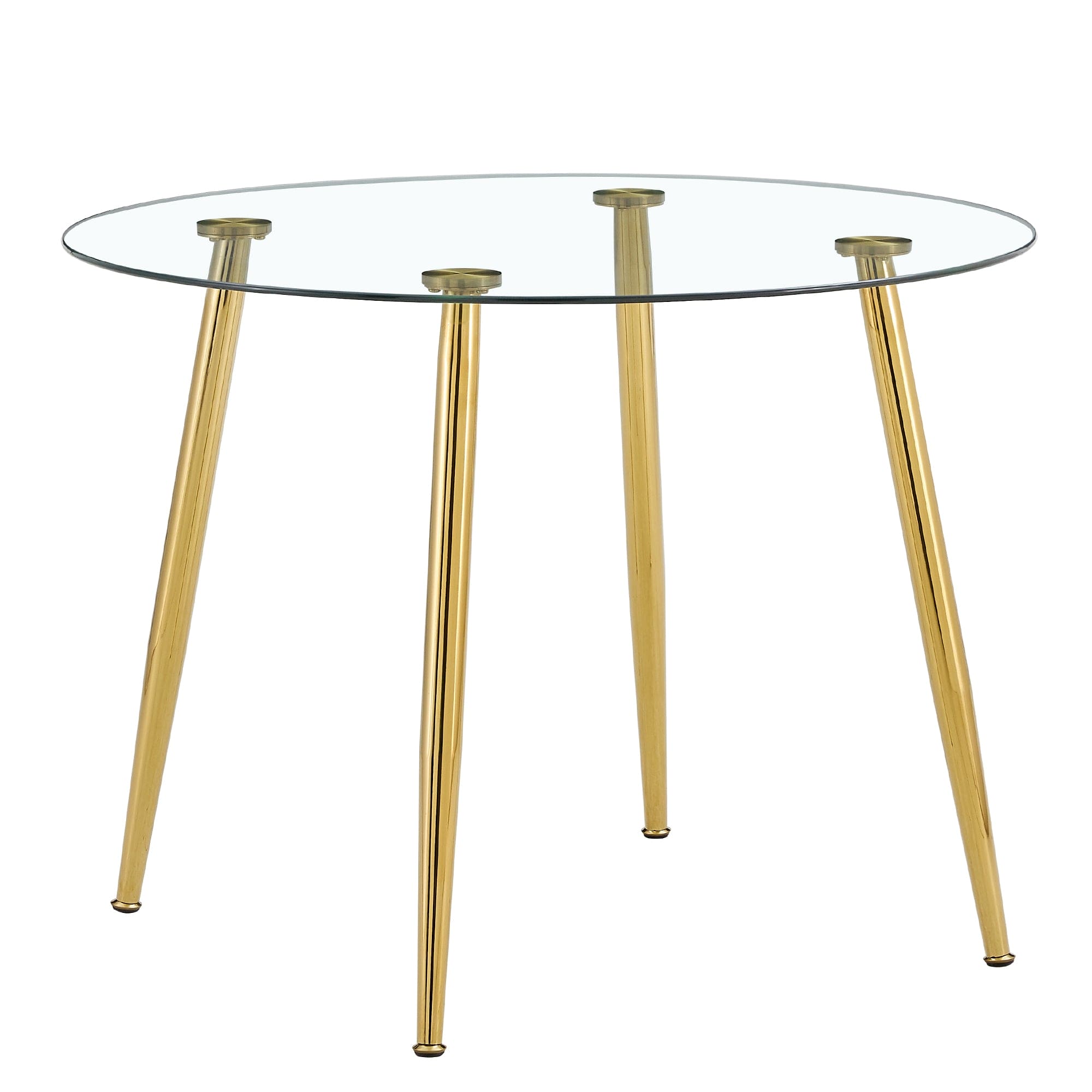 A glass tabletop with a diameter of 40 inches and a modern minimalist circular dining table with gold plated metal legs. 40 '* 40' * 30 ' DT-1164