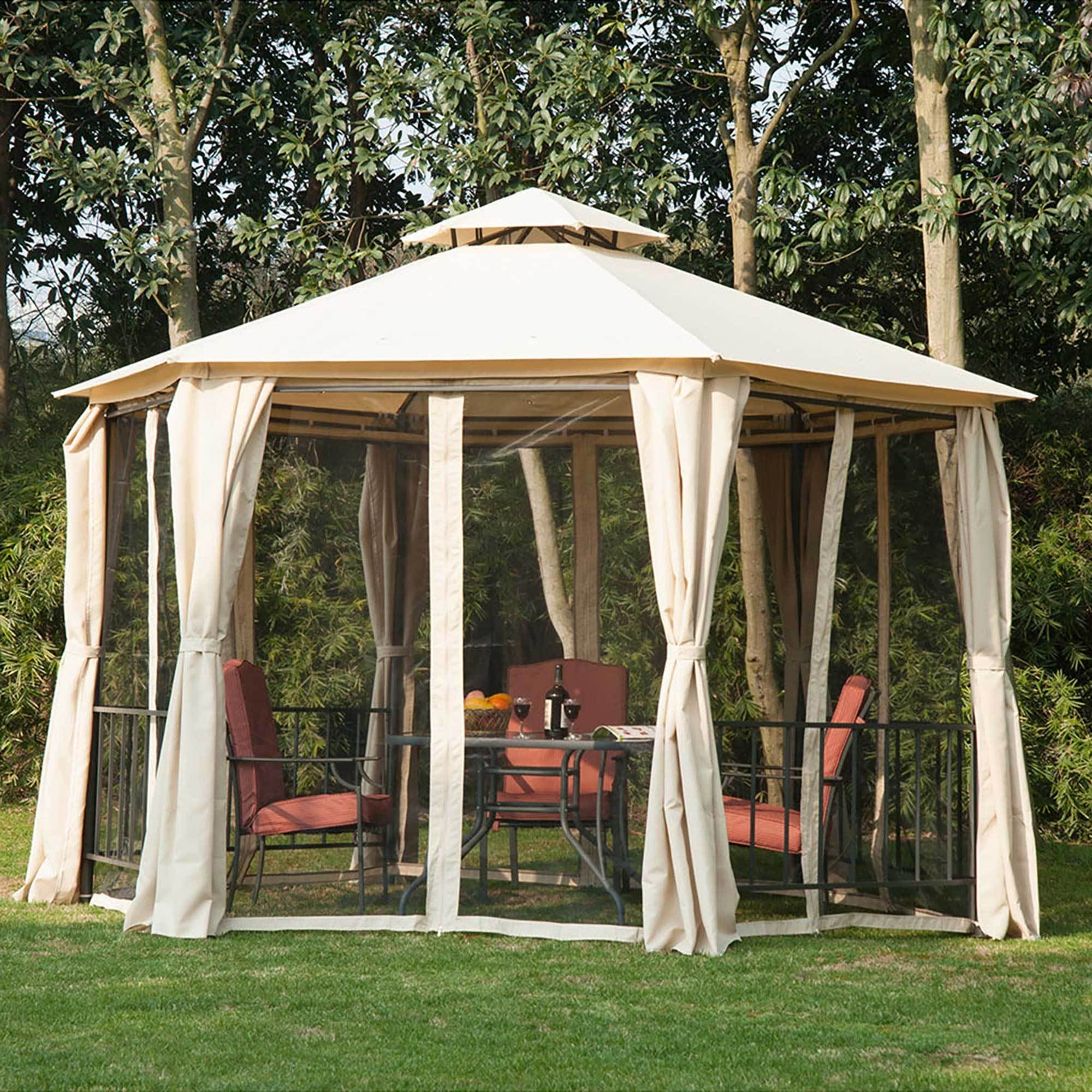 13' x 13' Patio Gazebo, Double Roof Hexagon Outdoor Gazebo Canopy Shelterwith Netting & Curtains, Solid Steel Frame for Garden, Lawn, Backyard and Deck, Beige