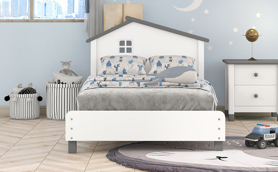 Twin Size Wood Platform Bed with House-shaped Headboard  (White+Gray)