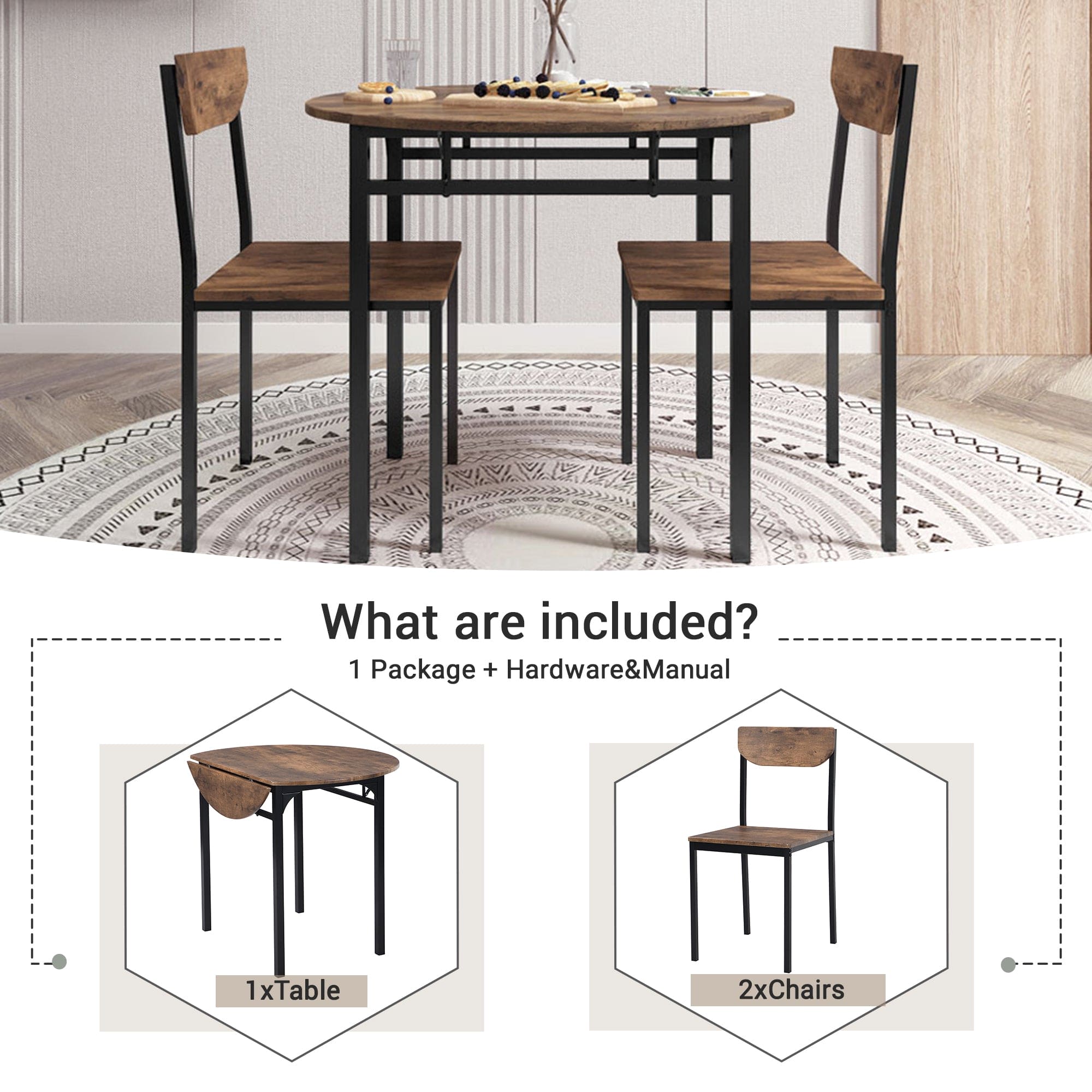 TOPMAX Modern 3-Piece Round Dining Table Set with Drop Leaf and 2 Chairs for Small Places,Black Frame+Rustic Brown Finish