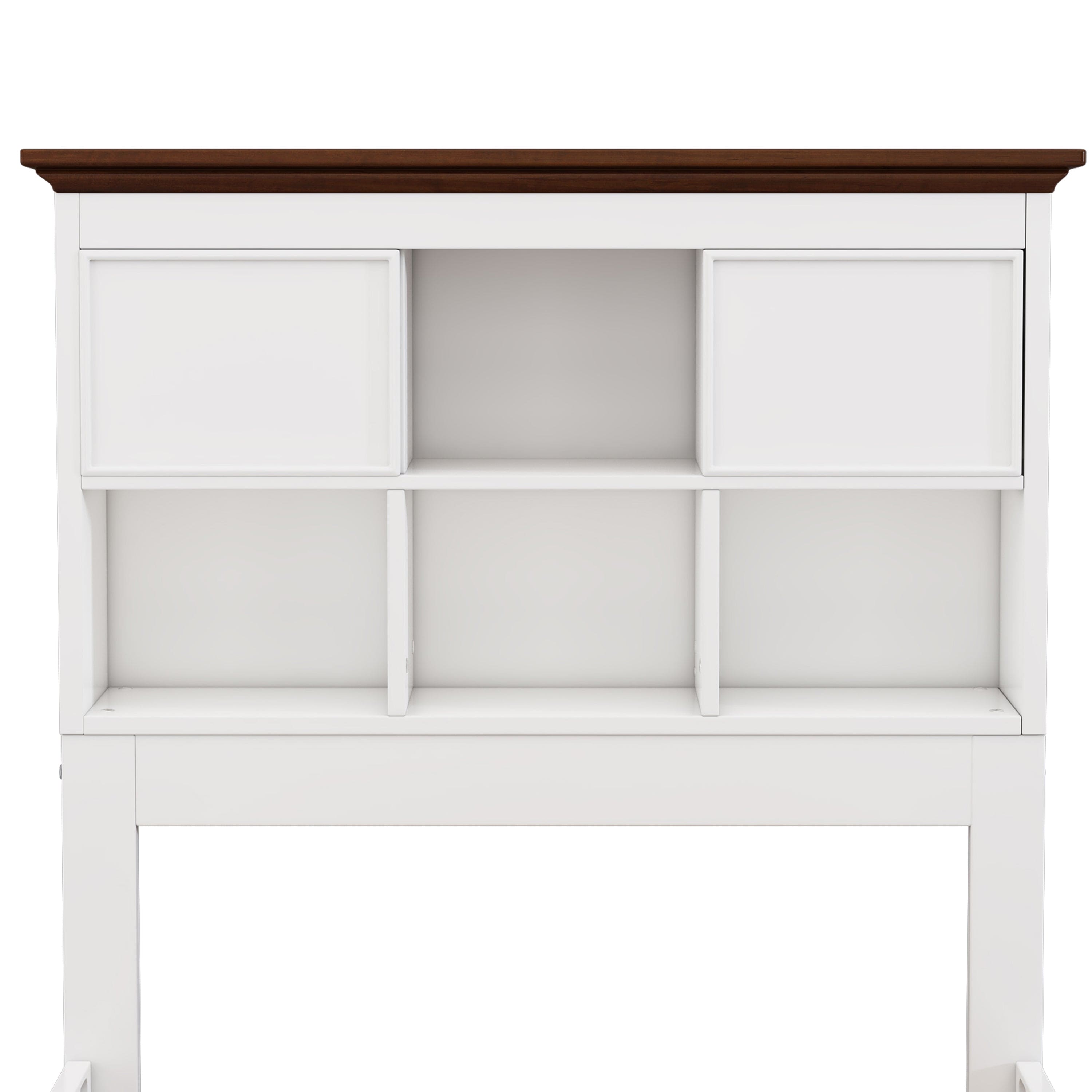 Solid Pine Captain Bookcase Bed with Trundle Bed and 3 Spacious Under Bed Drawers in Casual,Twin, White+Walnut