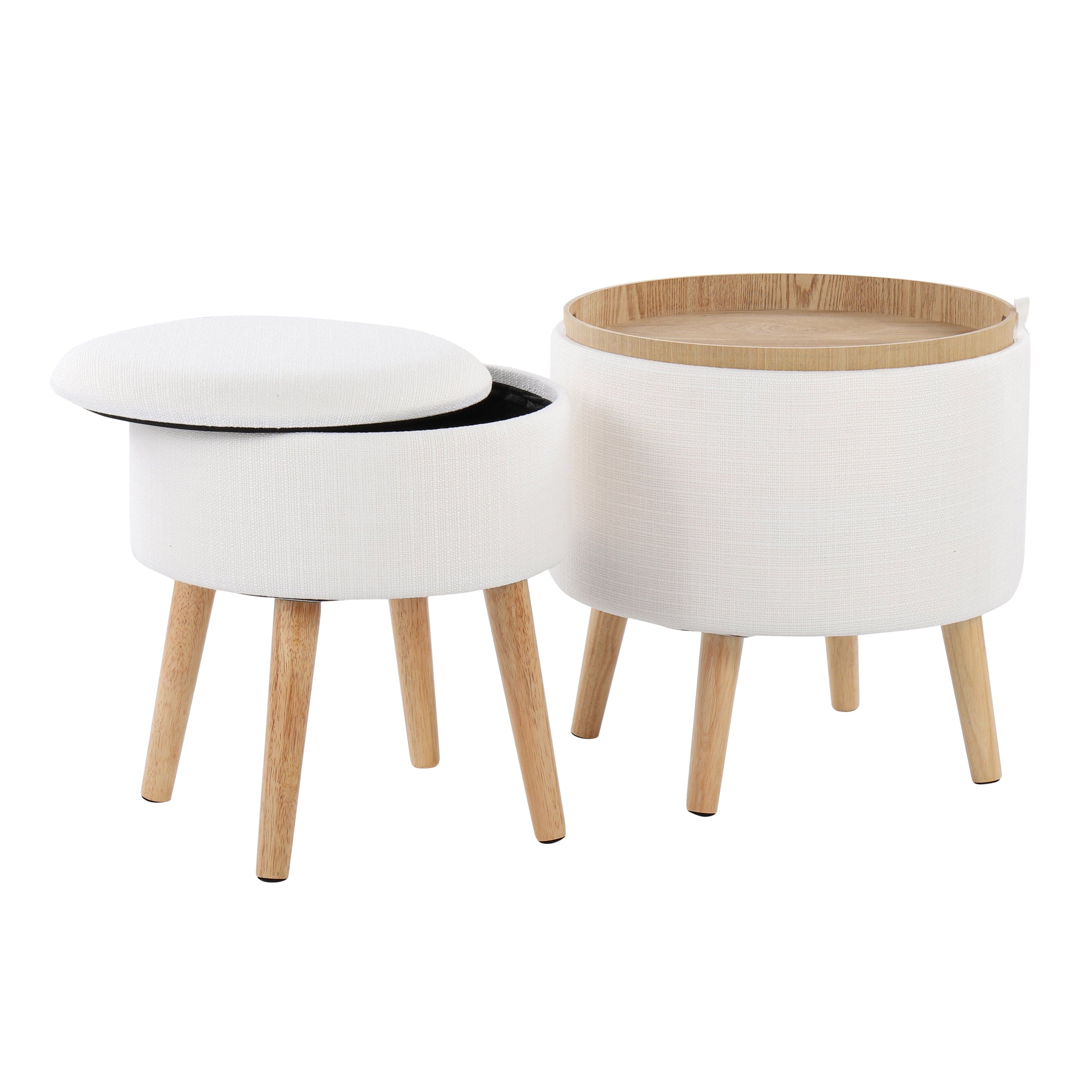 Tray Contemporary Storage Ottoman with Matching Stool in Cream Fabric and Natural Wood Legs by LumiSource