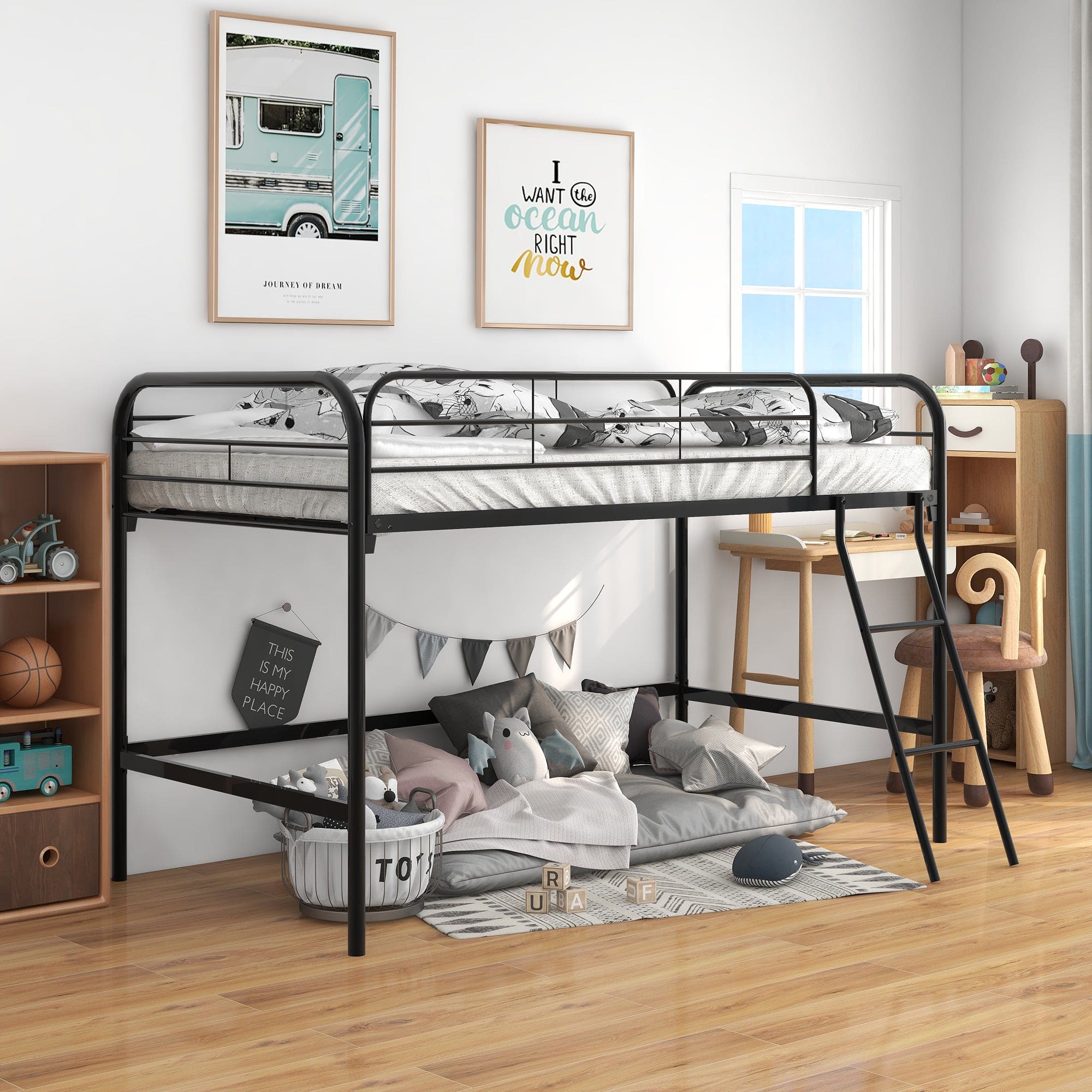 Metal Twin Loft Bed , Twin Size High Loft Bed Black