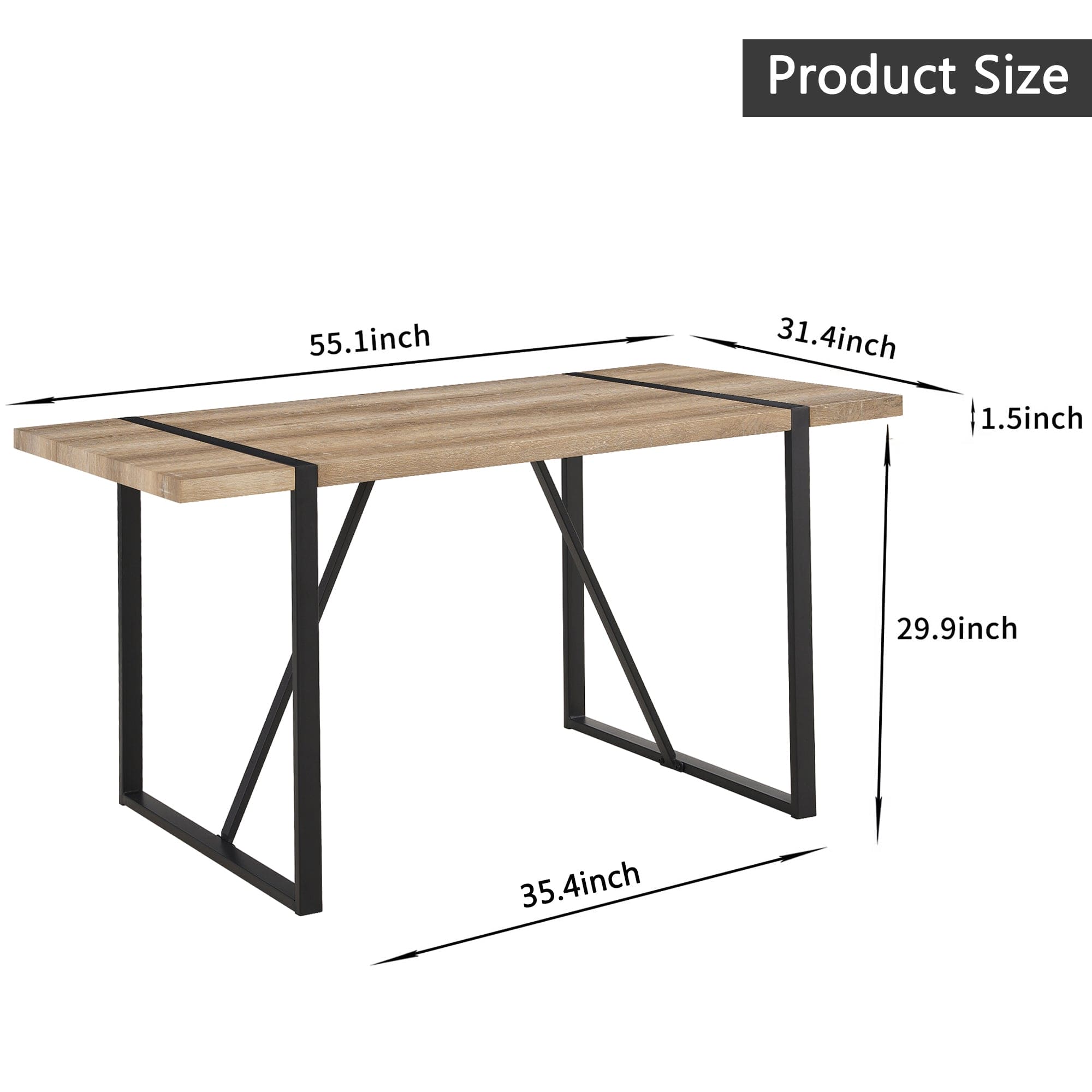 55"Rustic Industrial Rectangular MDF Wood Colour Dining Table For 4-6 Person, With 1.5" Thick Engineered Wood Tabletop and Black Metal Legs, For writing DeskKitchen terrace Dining Living Room