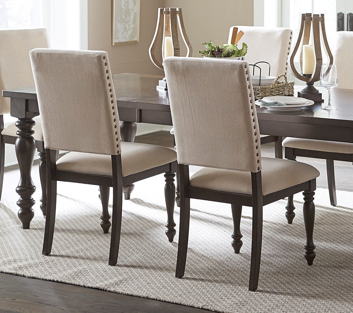 Fabric Upholstery Side Chairs 2pc Set Grayish Brown Finish Wood Frame Nailhead Trim Turned Legs Dining Furniture