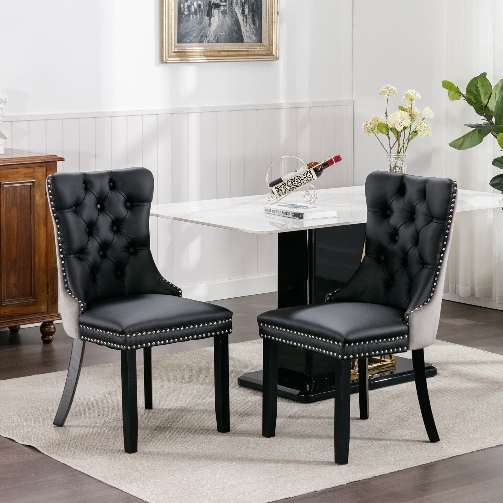 A&A Furniture,Nikki Collection Modern, High-end Tufted Solid Wood Contemporary PU and Velvet Upholstered Dining Chair with Wood Legs Nailhead Trim  2-Pcs Set，Black+Gray, SW2101BG