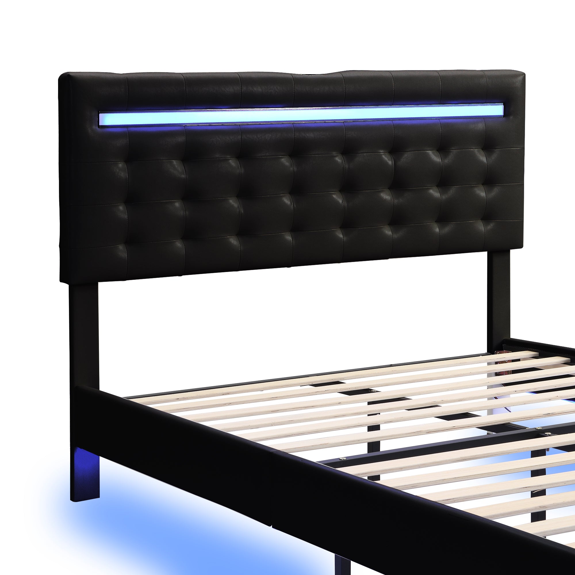 Full Size Floating Bed Frame with LED Lights and USB Charging,Modern Upholstered Platform LED Bed Frame,Black(Full)