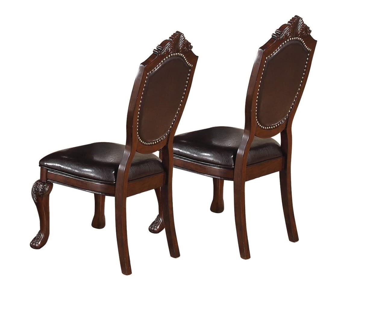 Classic Formal Dining Room Table And 4x Side Chairs Brown 5pc Set Dining Table Pedestal Base Antique Round Table Faux Leather Upholstered Chair