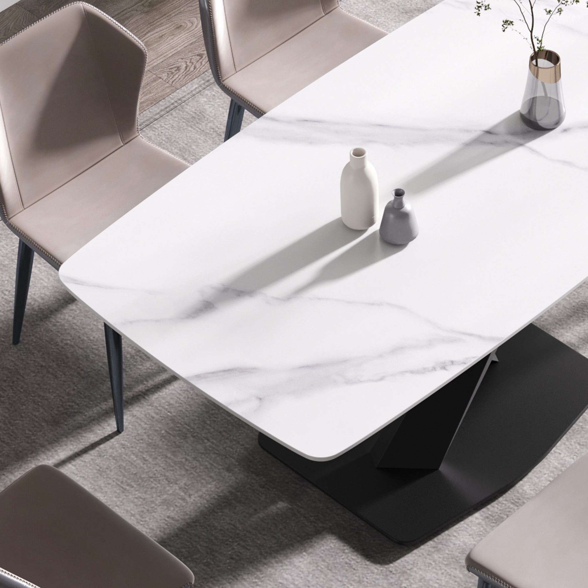 63"Modern artificial stone white curved black metal leg dining table -6 people