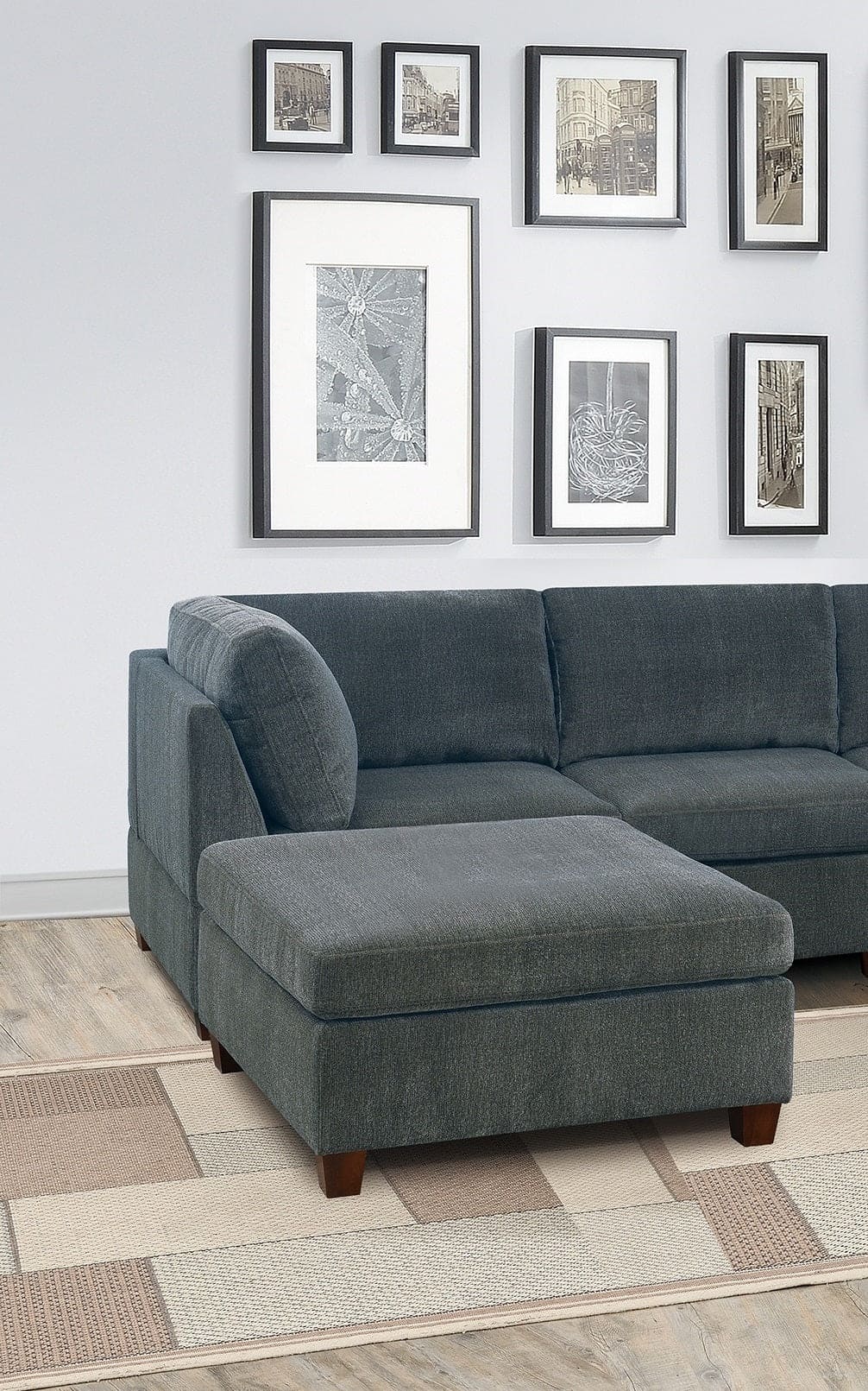 Living Room Furniture Gray Chenille Modular Sectional 7pc Set U-Sectional Modern Couch 2x Corner Wedge 3x Armless Chairs and 2x Ottoman Plywood