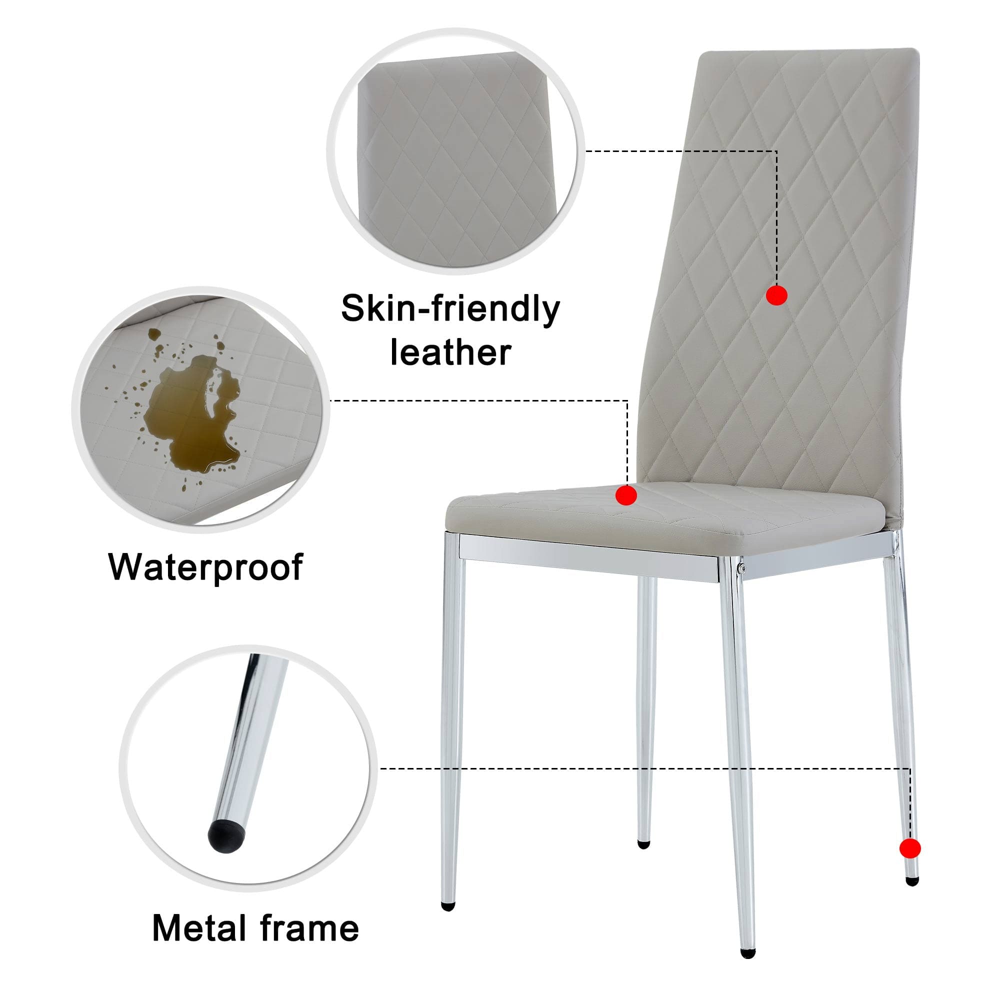 Grid armless high backrest dining chair, 6-piece set, office chair. Suitable for restaurants, living rooms, kitchens, and offices. Light gray chairs and electroplated metal legs  0924