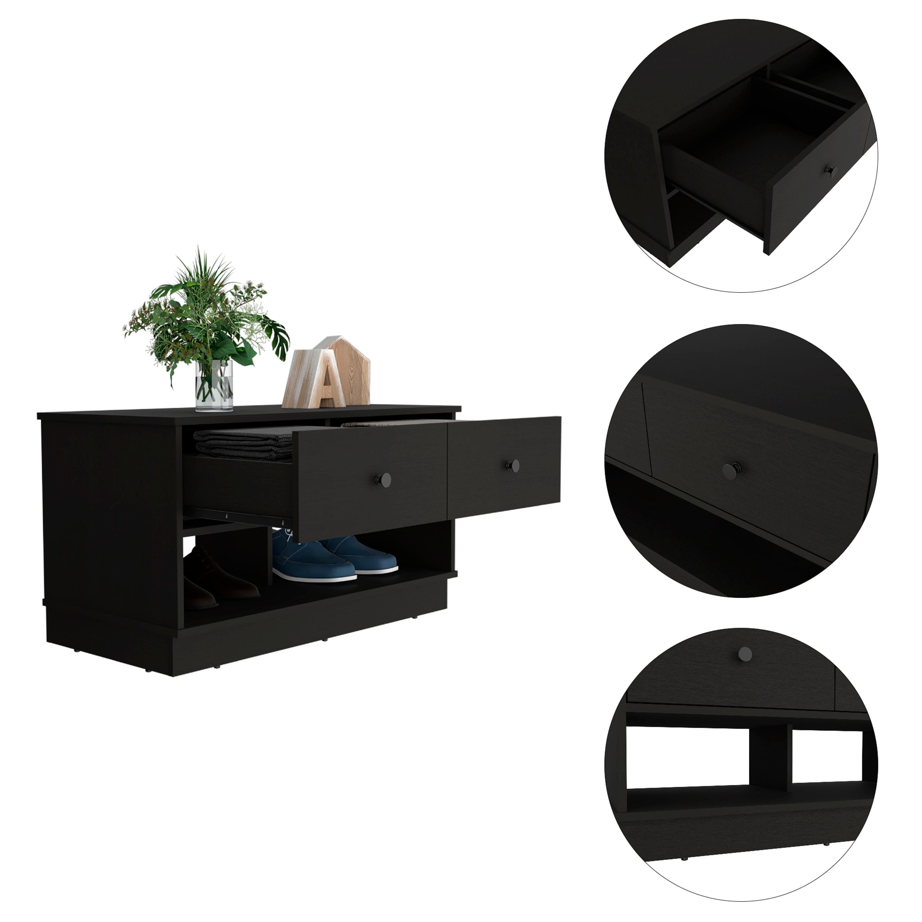 Storage Bench Beji, Lower Shelf, Two Drawers, Black Wengue Finish