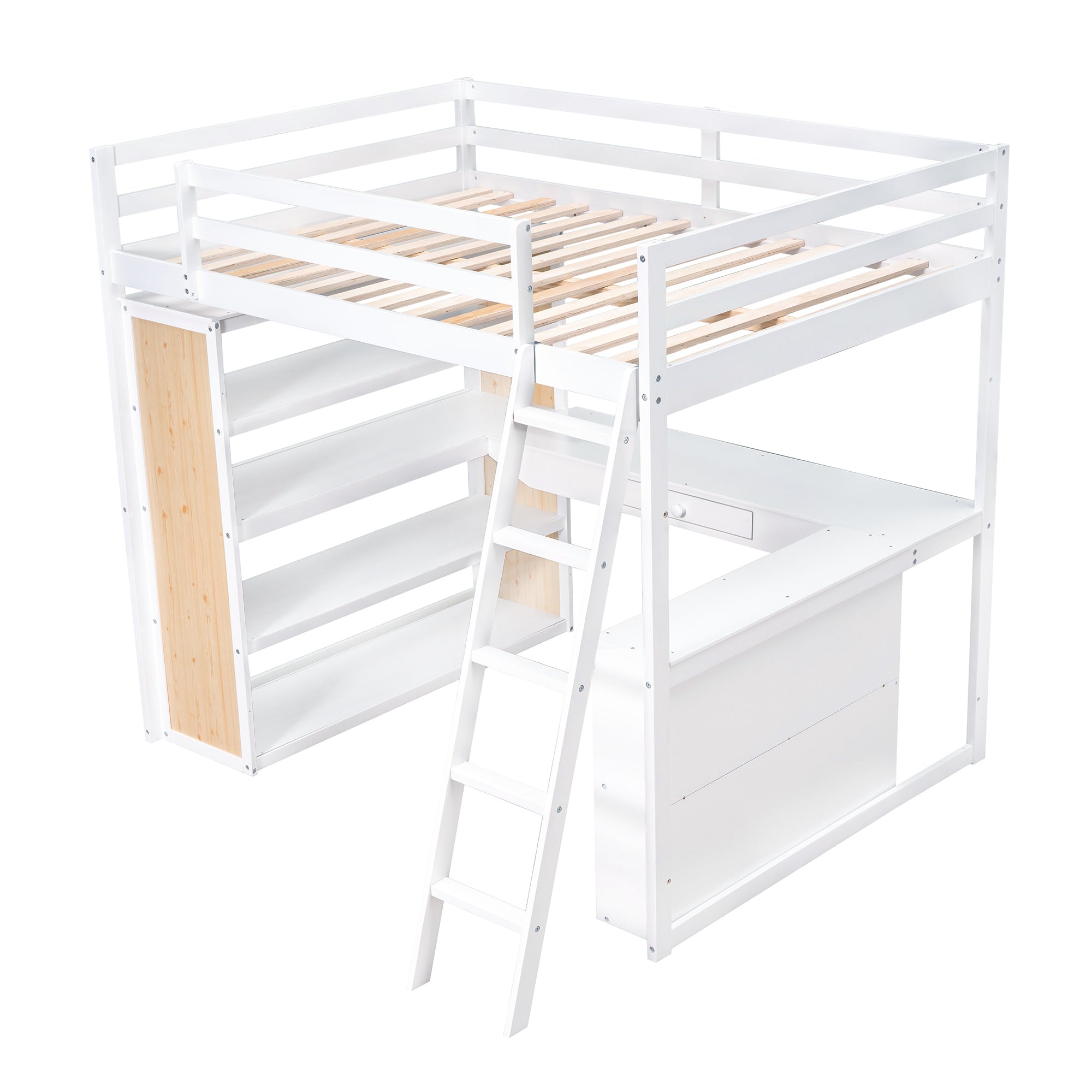 Full Size Loft Bed with Ladder, Shelves, and Desk, White(OLD SKU:LT000226AAK)