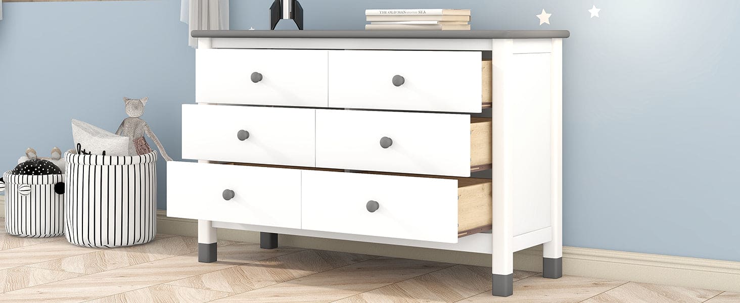 Wooden Storage Dresser with 6 Drawers,Storage Cabinet for kids Bedroom,White+Gray