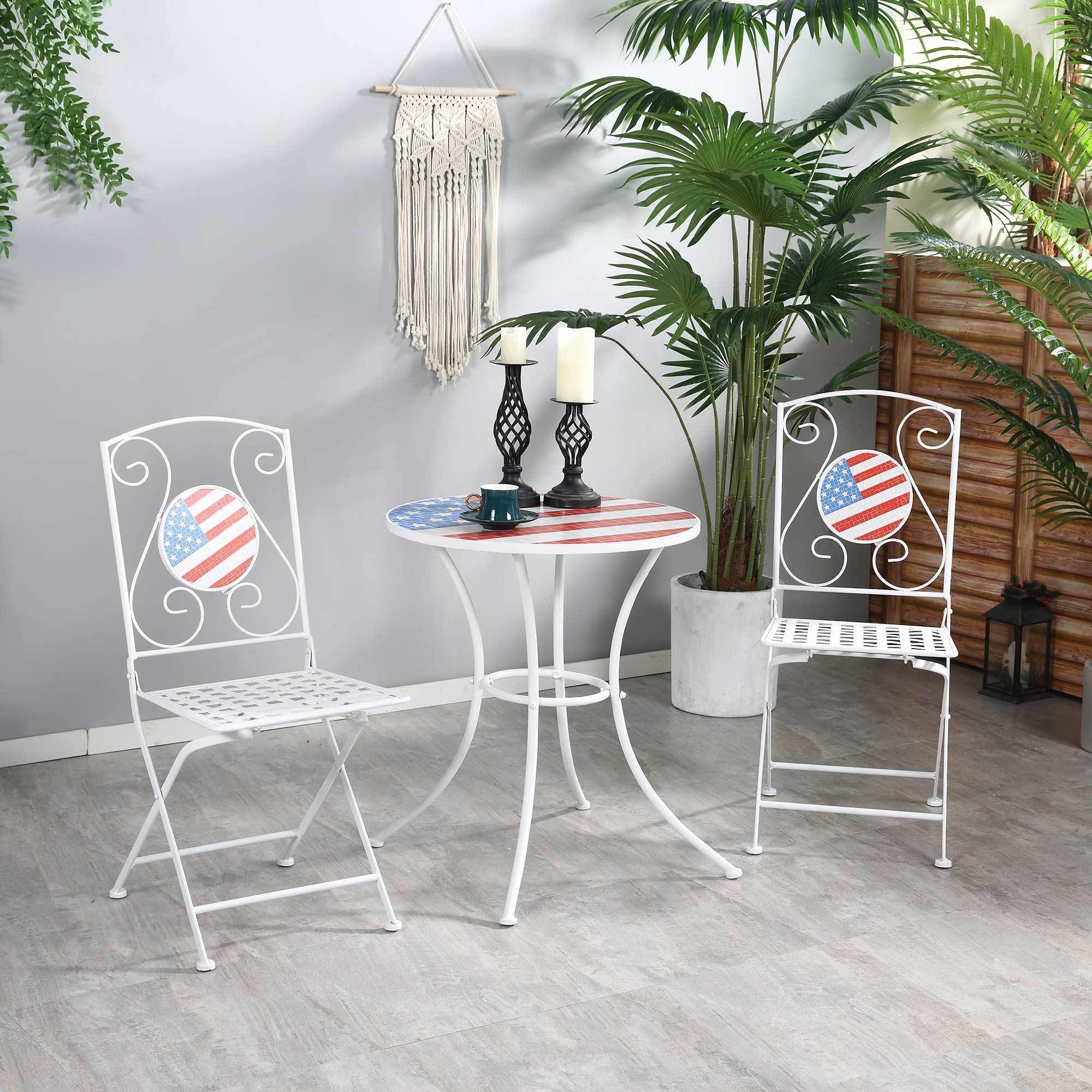 Outsunny 3 Piece Patio Bistro Set, Folding Outdoor Furniture with USA Mosaic Table and Chairs, 
Portable Metal Frames for 4th of July, Balcony, Backyard, Poolside, Porch, American Flag