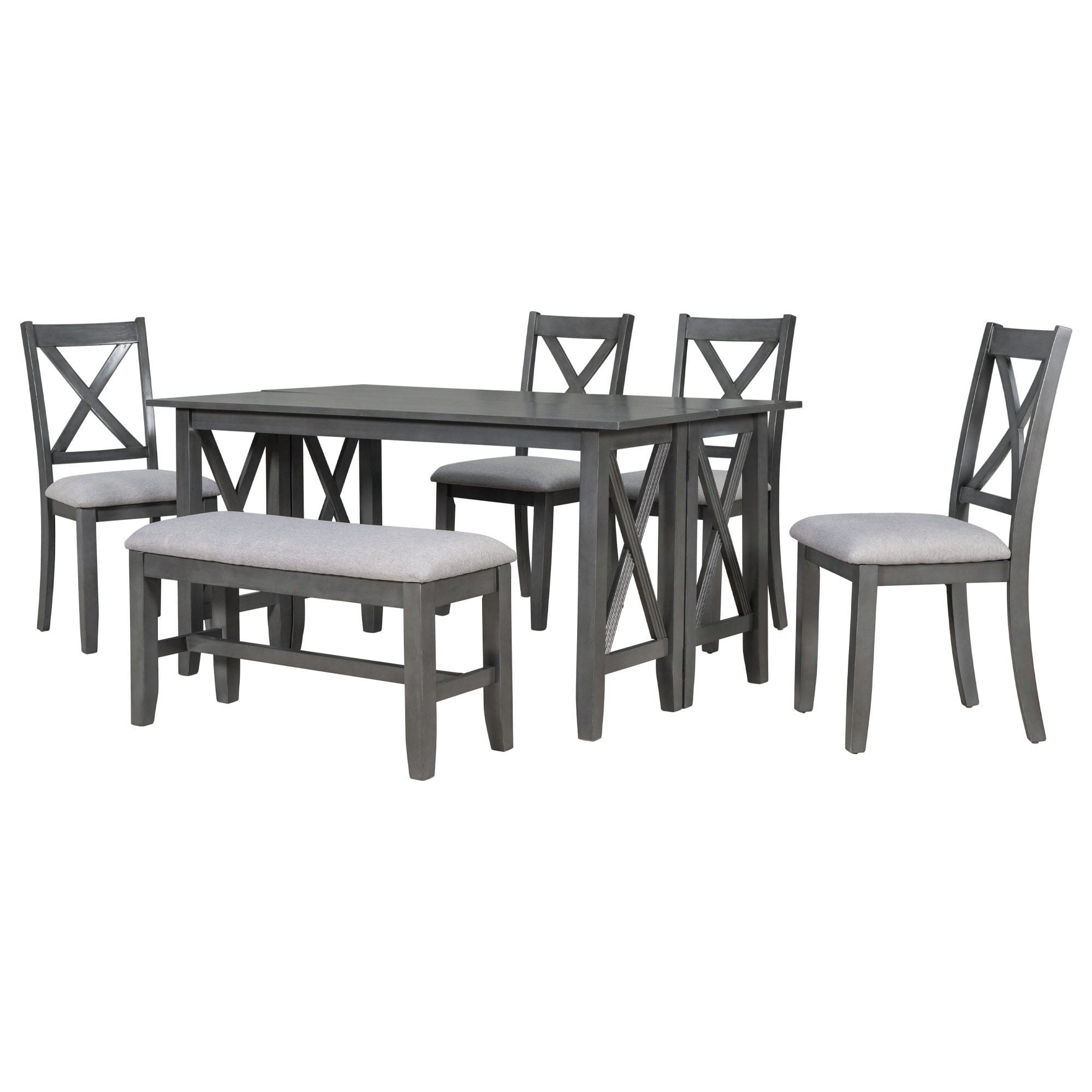 TREXM 6-Piece Family Dining Room Set Solid Wood Space Saving Foldable Table and 4 Chairs with Bench for Dining Room (Gray)