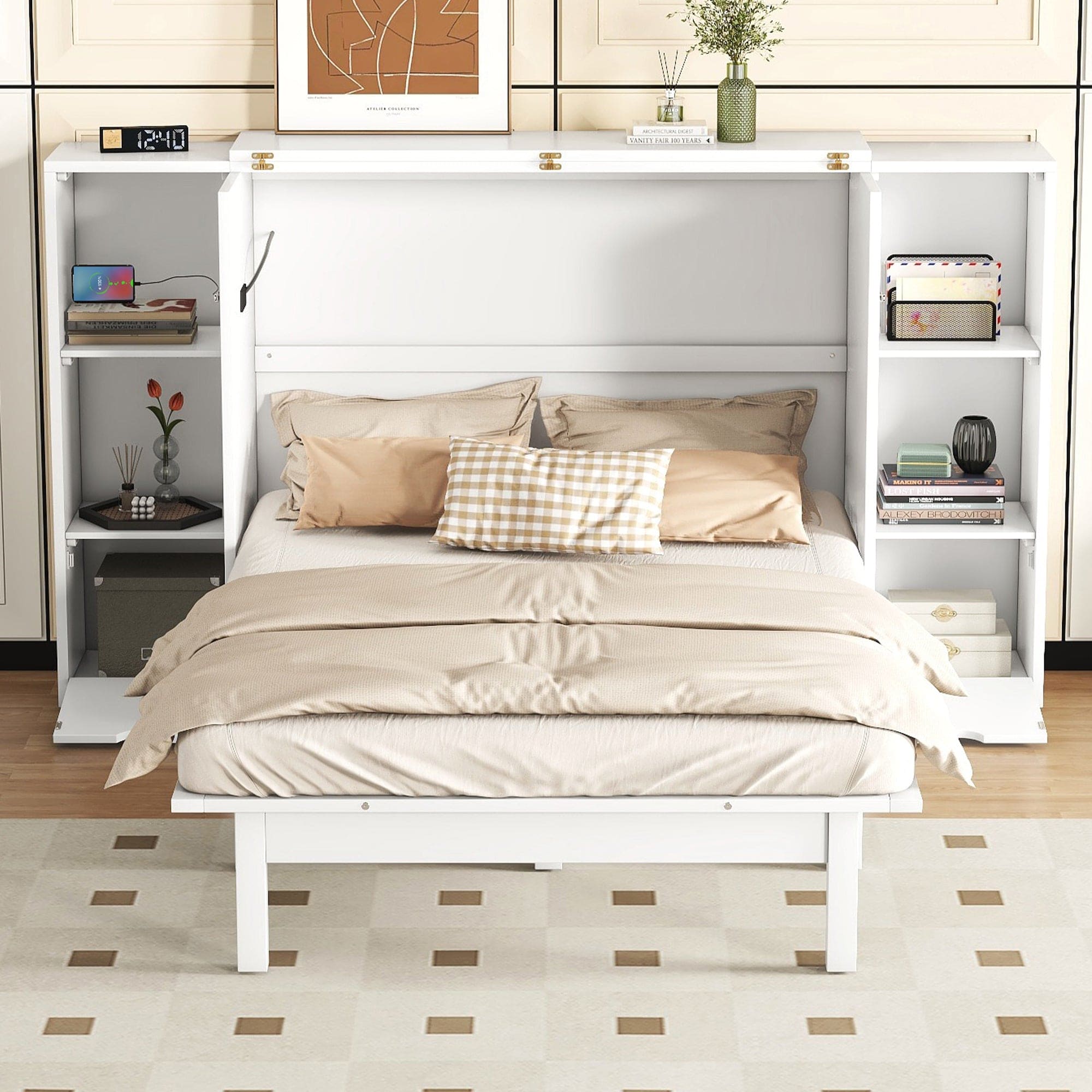 Queen Size Murphy Bed with Shelves, Drawers and USB Ports,White