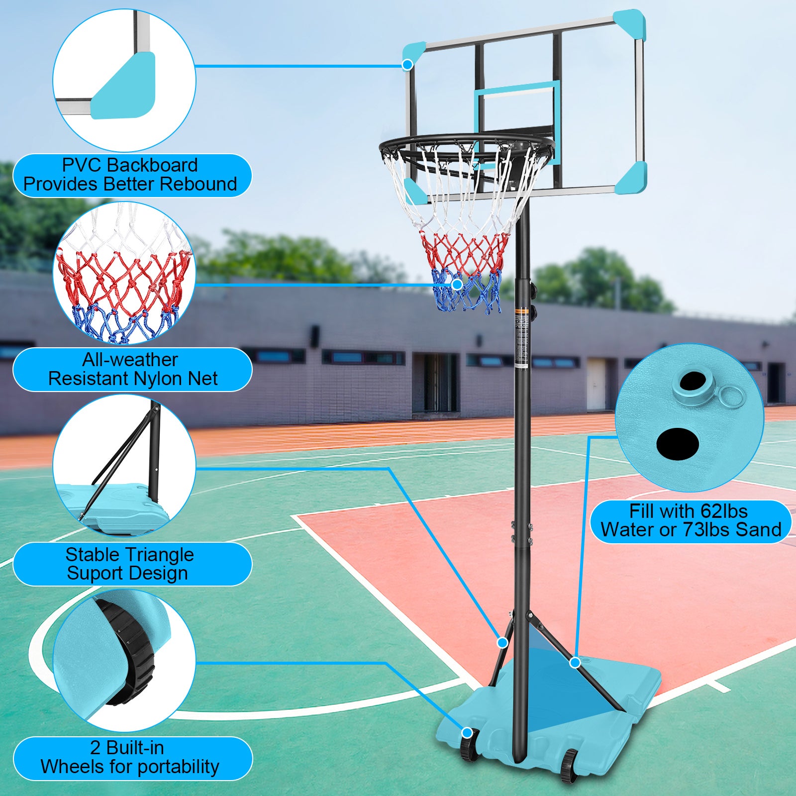 Portable Basketball Goal System with Stable Base and Wheels, use for Indoor Outdoor teenagers youth height adjustable 5.6 to 7ft Basketball Hoop 28 Inch Backboard