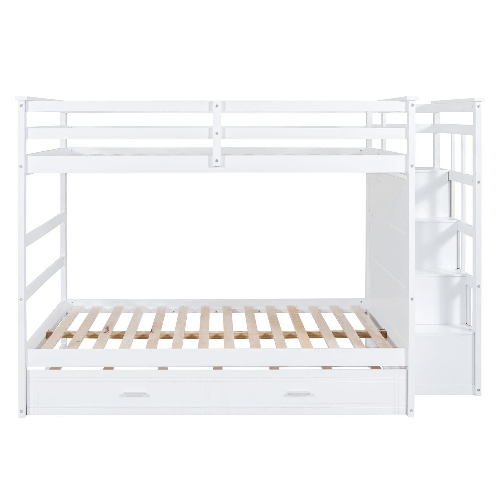 Full Over Full Bunk Bed with Twin Size Trundle and Staircase, White