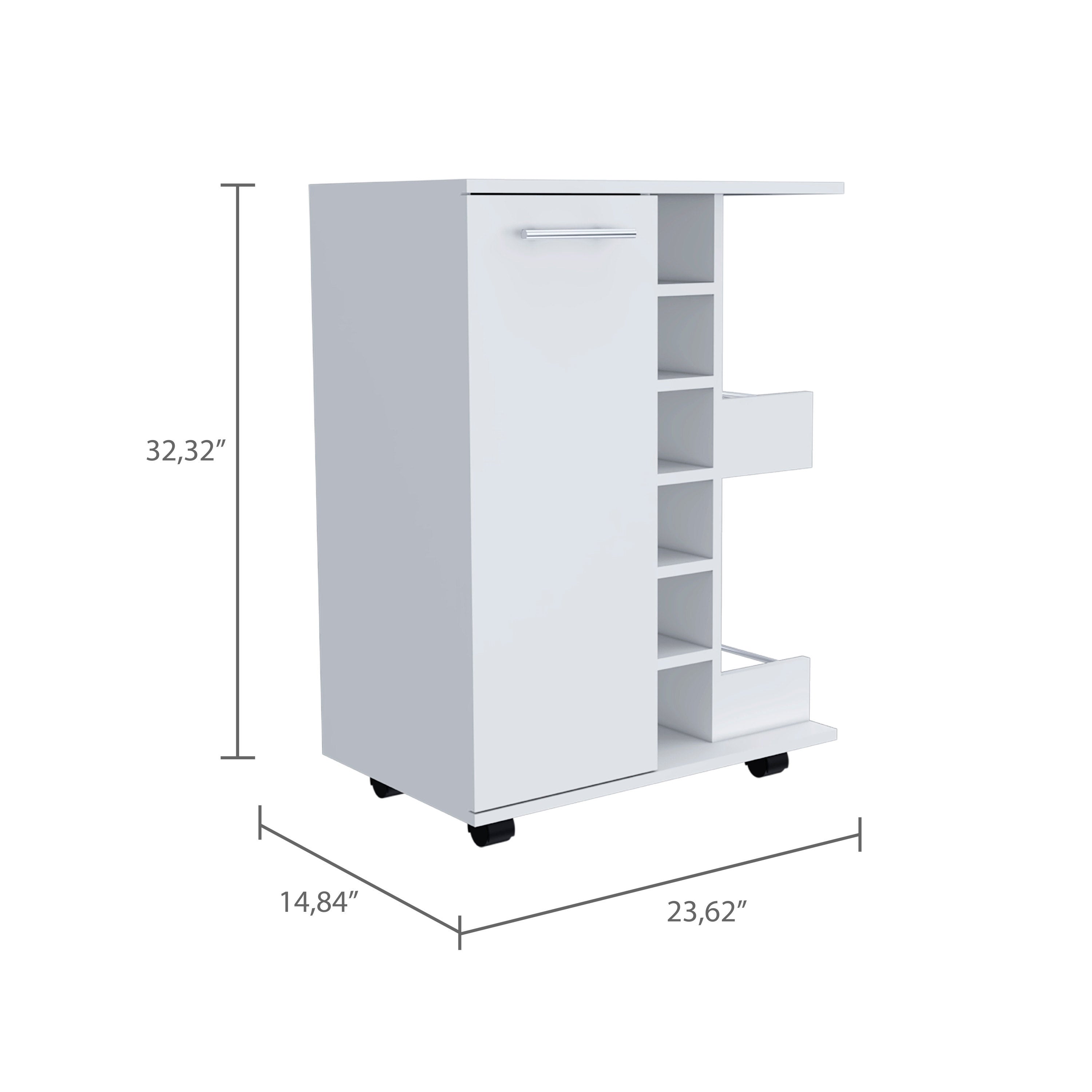 Bar Cart Wells, Four Casters, Six Wine Cubbies, Single Door Cabinet, White Finish