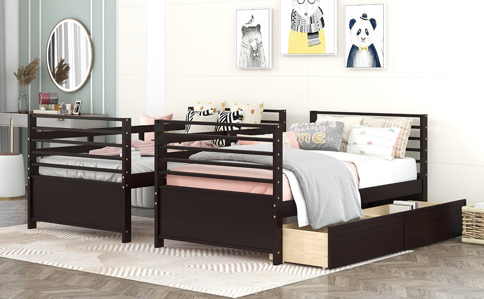 Twin over Twin Wood Bunk Bed with Two Drawers - Espresso·