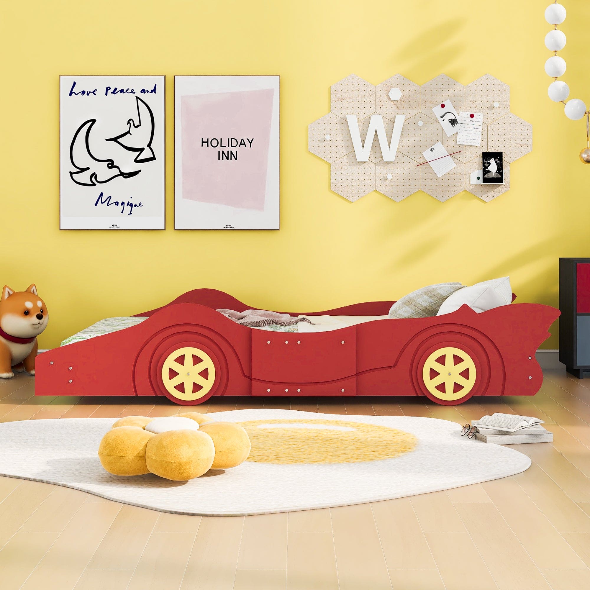 Twin Size Race Car-Shaped Platform Bed with Wheels,Red