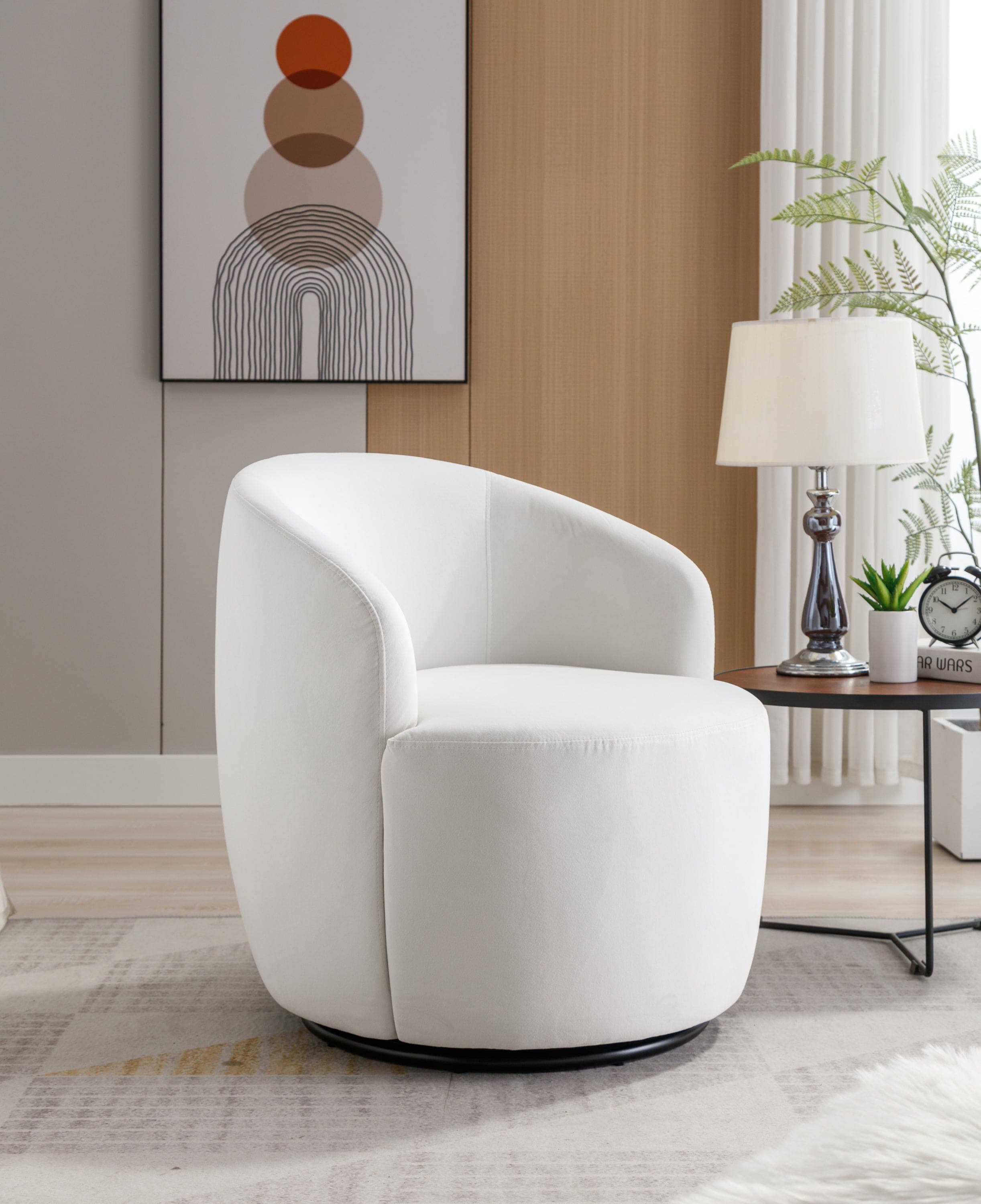 Velvet Fabric Swivel Accent Armchair Barrel Chair With Black Powder Coating Metal Ring,White