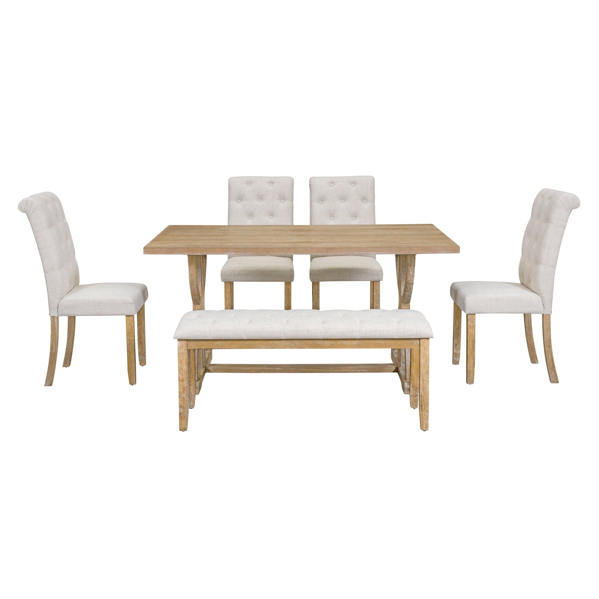 TREXM 6-Piece Retro Rectangular Dining Table Set, Table with Unique Legs and 4 Upholstered Chairs & 1 Bench for Dining Room and Kitchen (Natural Wood Wash)