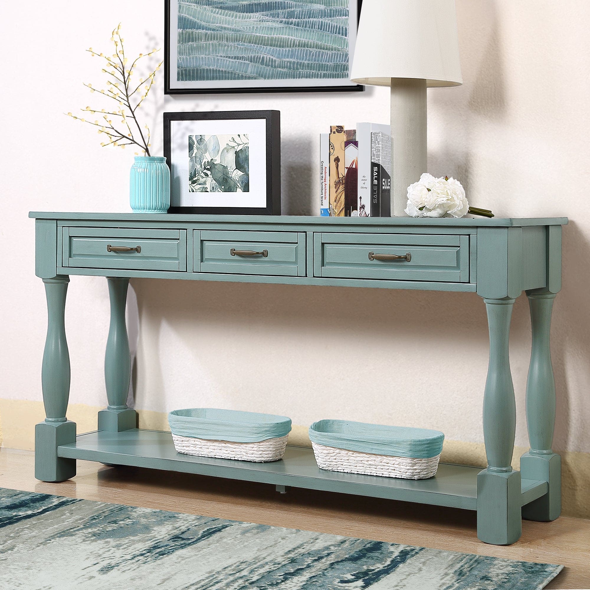 63inch Long Wood Console Table with 3 Drawers and 1 Bottom Shelf for Entryway Hallway Easy Assembly Extra-thick Sofa Table ( Retro Blue)