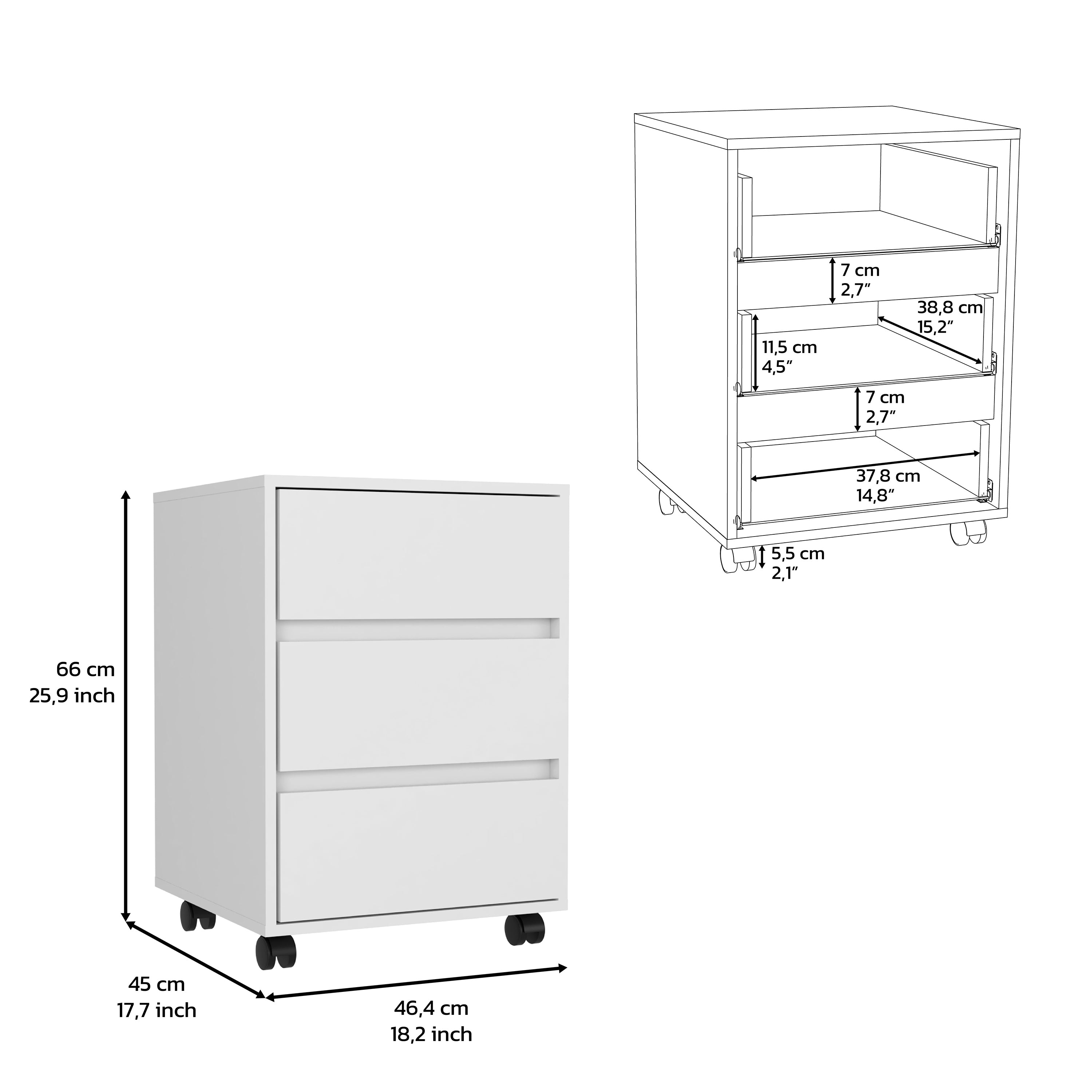 Three Drawers Bang, Filing Cabinet, Roller Blade Glide, White Finish