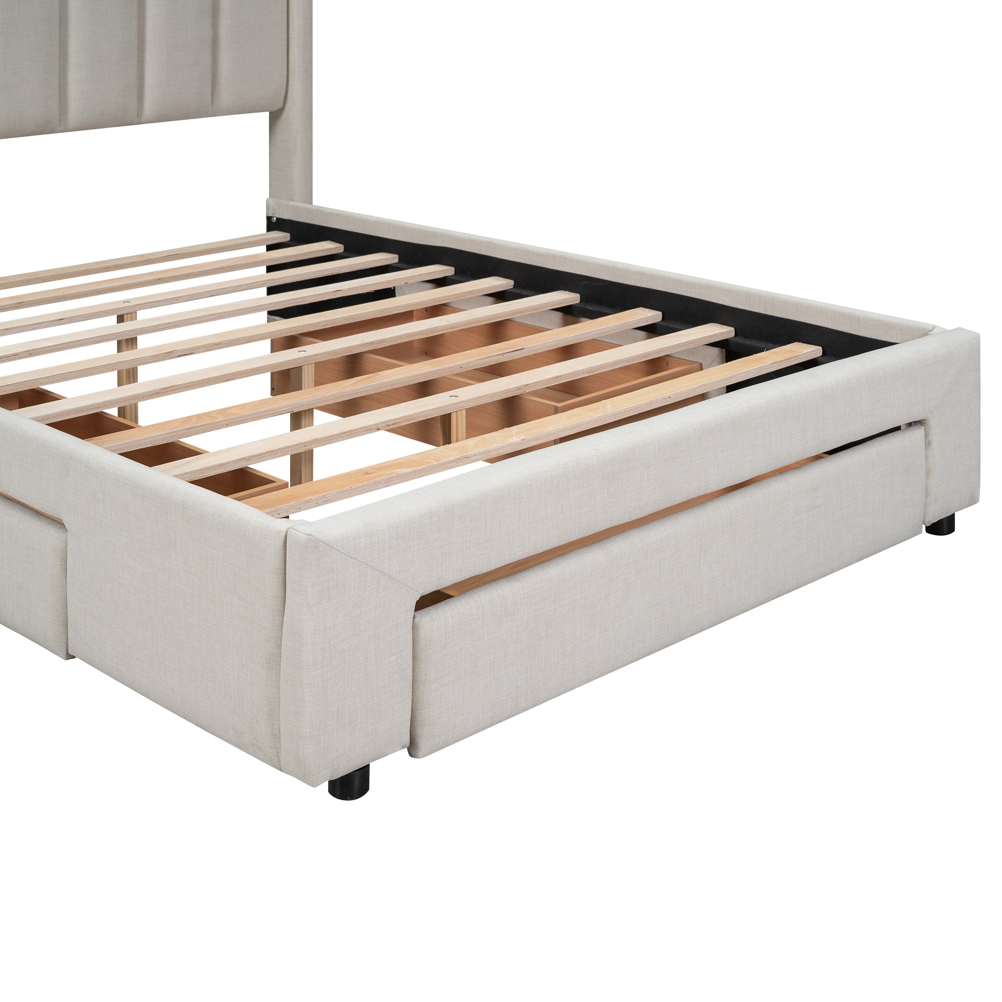 Full Size Upholstered Platform Bed with One Large Drawer in the Footboard and Drawer on Each Side,Beige