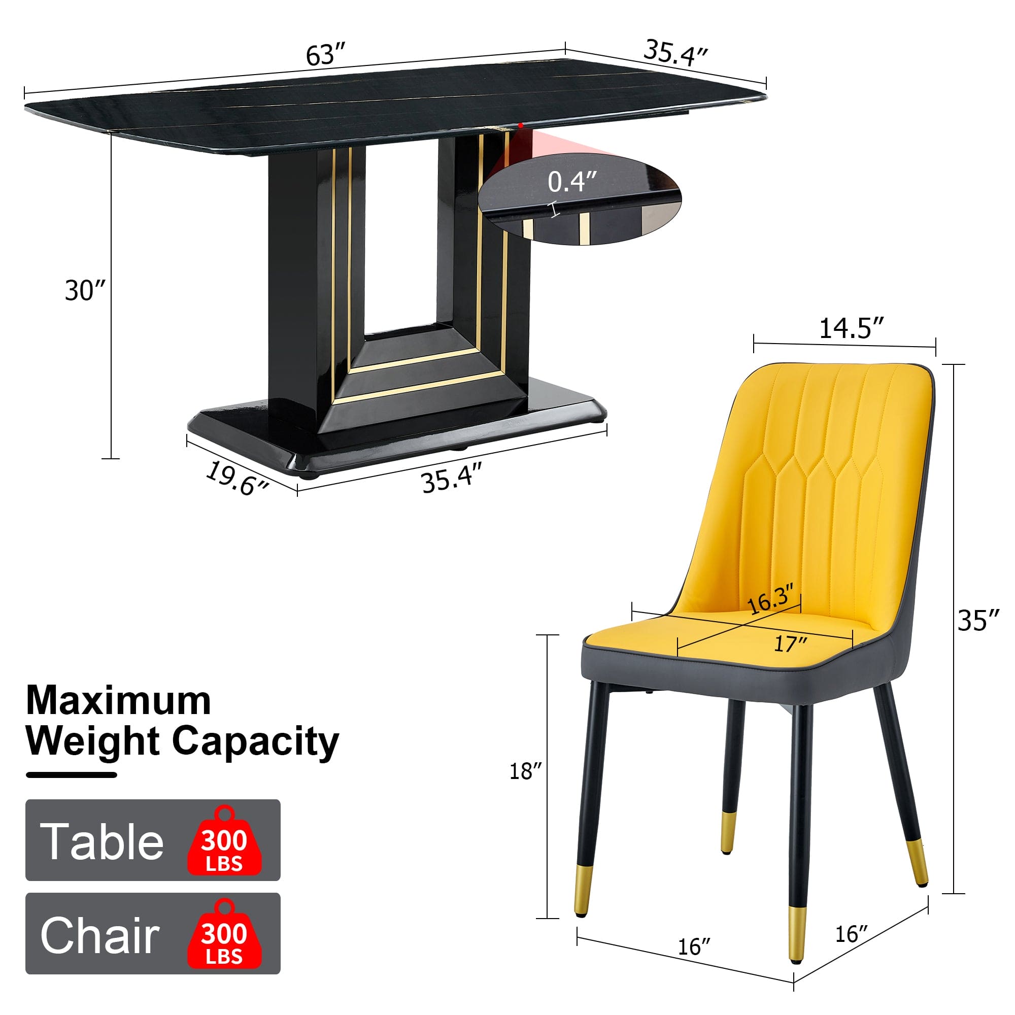 Table and chair set, 1 table, 6 PU chairs. Black imitation marble pattern desktop. Black MDF table legs. Chair with orange dark gray dual tone PU leather backrest and black metal legs F-SQ C-007