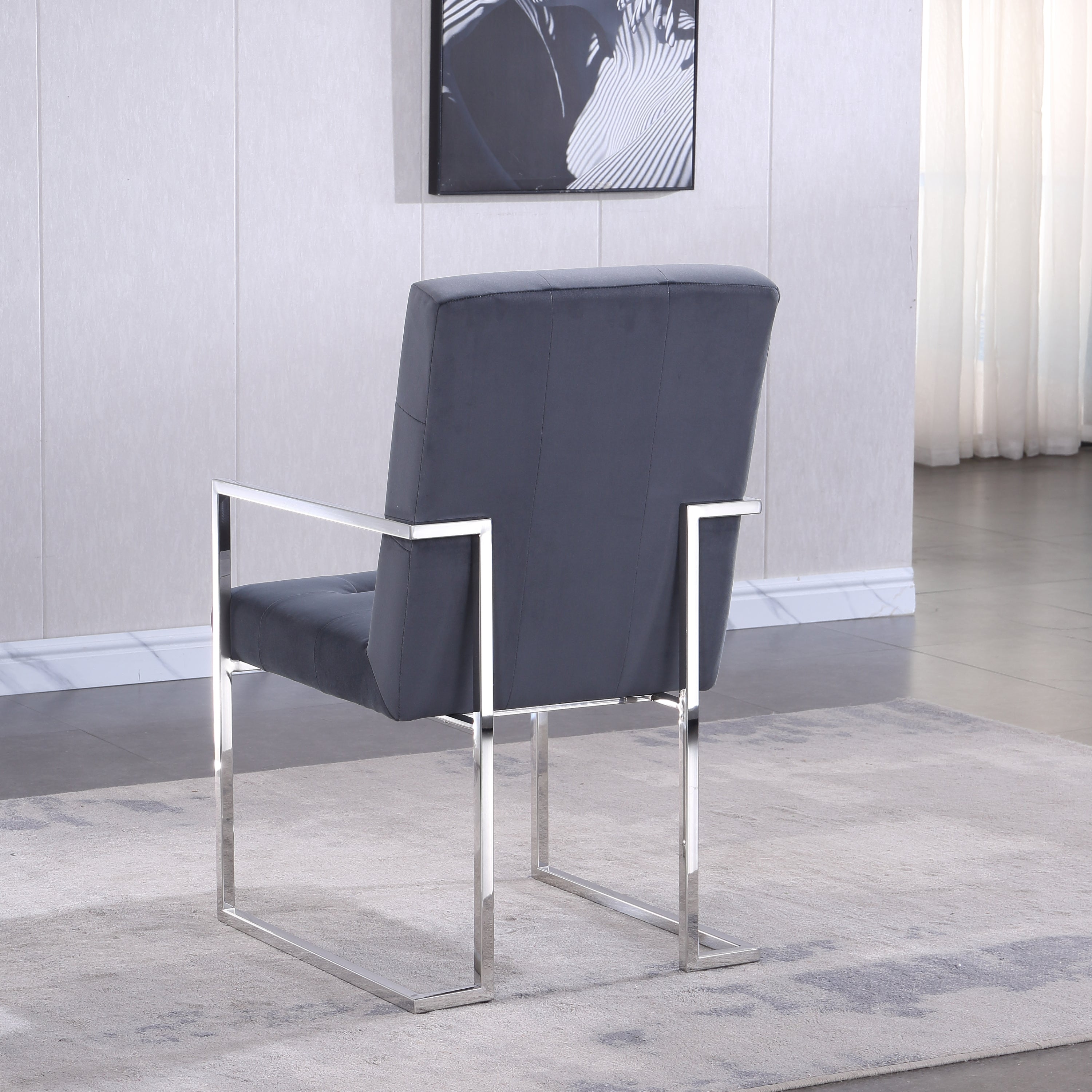 Modern Velvet Dining Arm Chair Set of 1, Tufted Design and Silver Finish Stainless Base