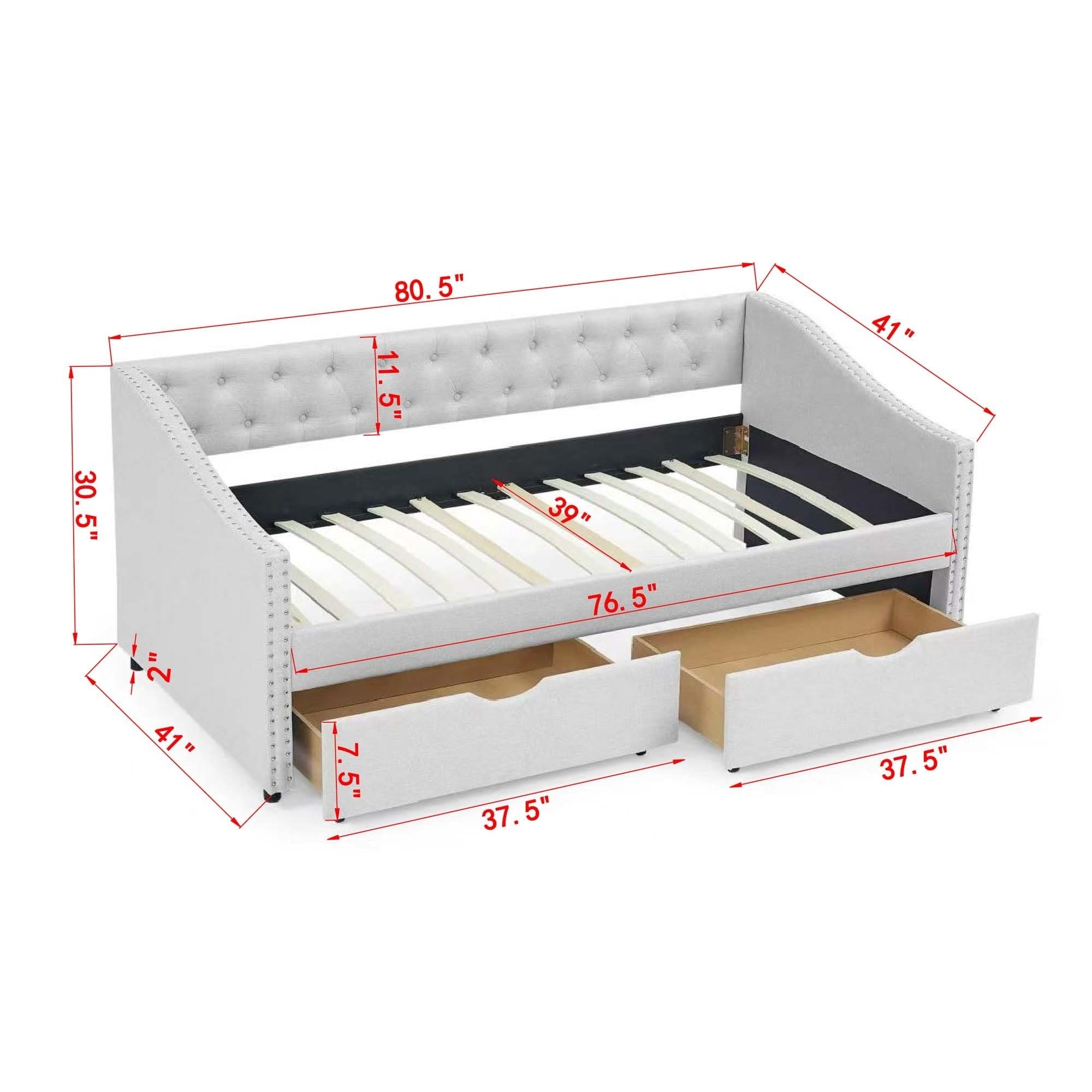 Twin Size Daybed with Drawers Upholstered Tufted Sofa Bed, with Button on Back and Copper Nail on Waved Shape Arms, Beige(81.5''x41''x30.5'')