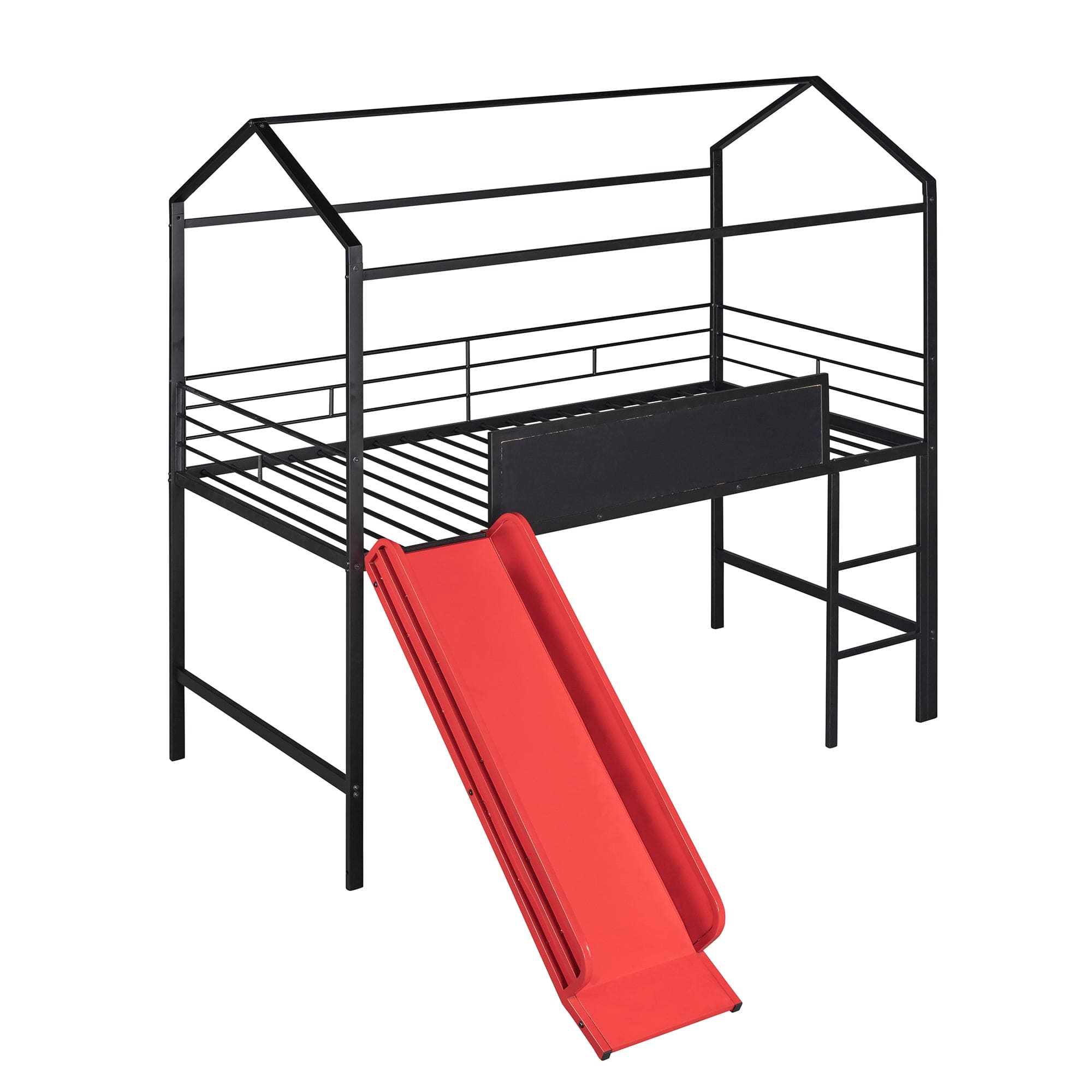 Metal House Bed With Slide, Twin Size Metal Loft Bed with Two-sided writable Wooden Board (Black and Red)