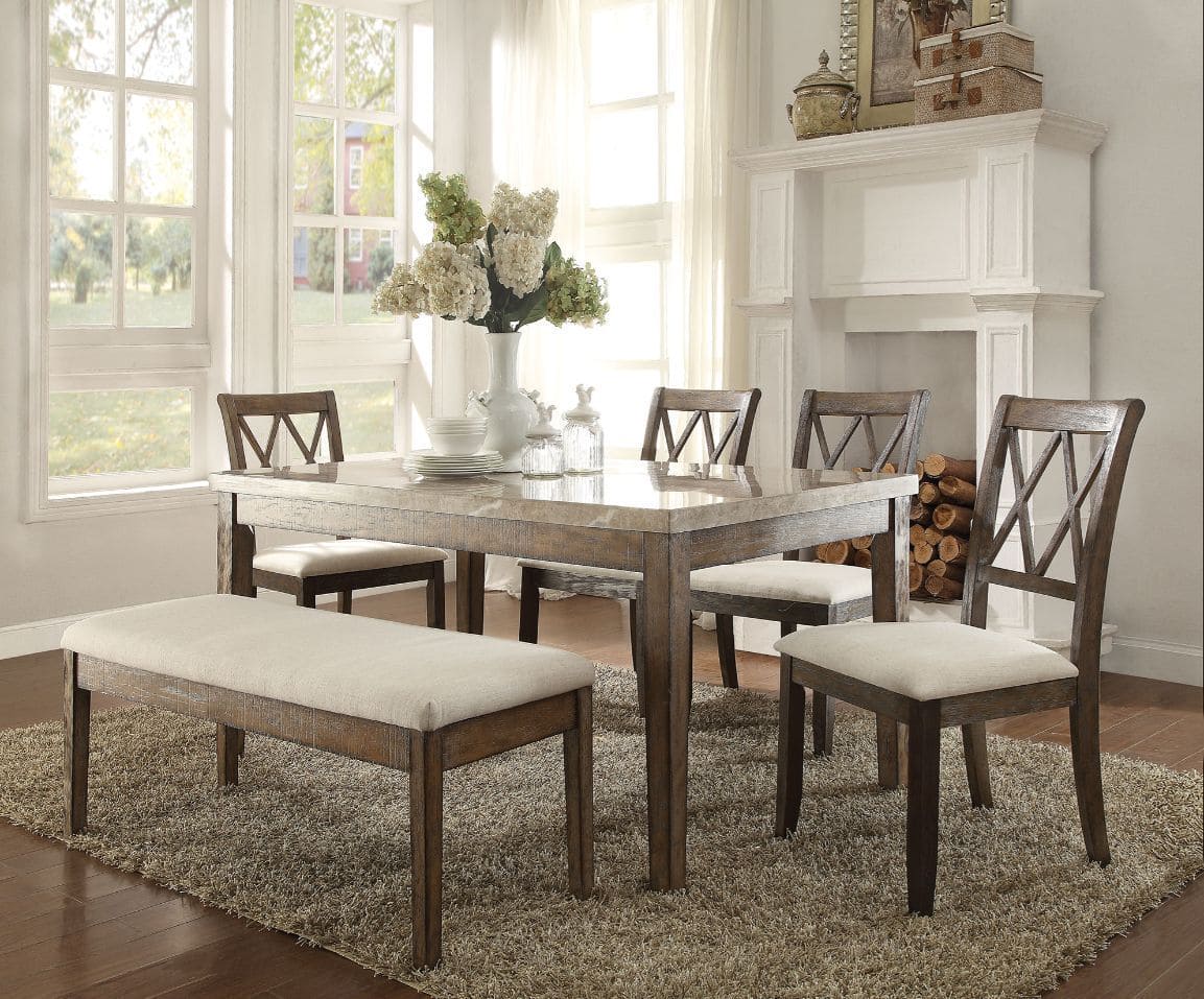 ACME Claudia Dining Table in White Marble & Salvage Brown 71715