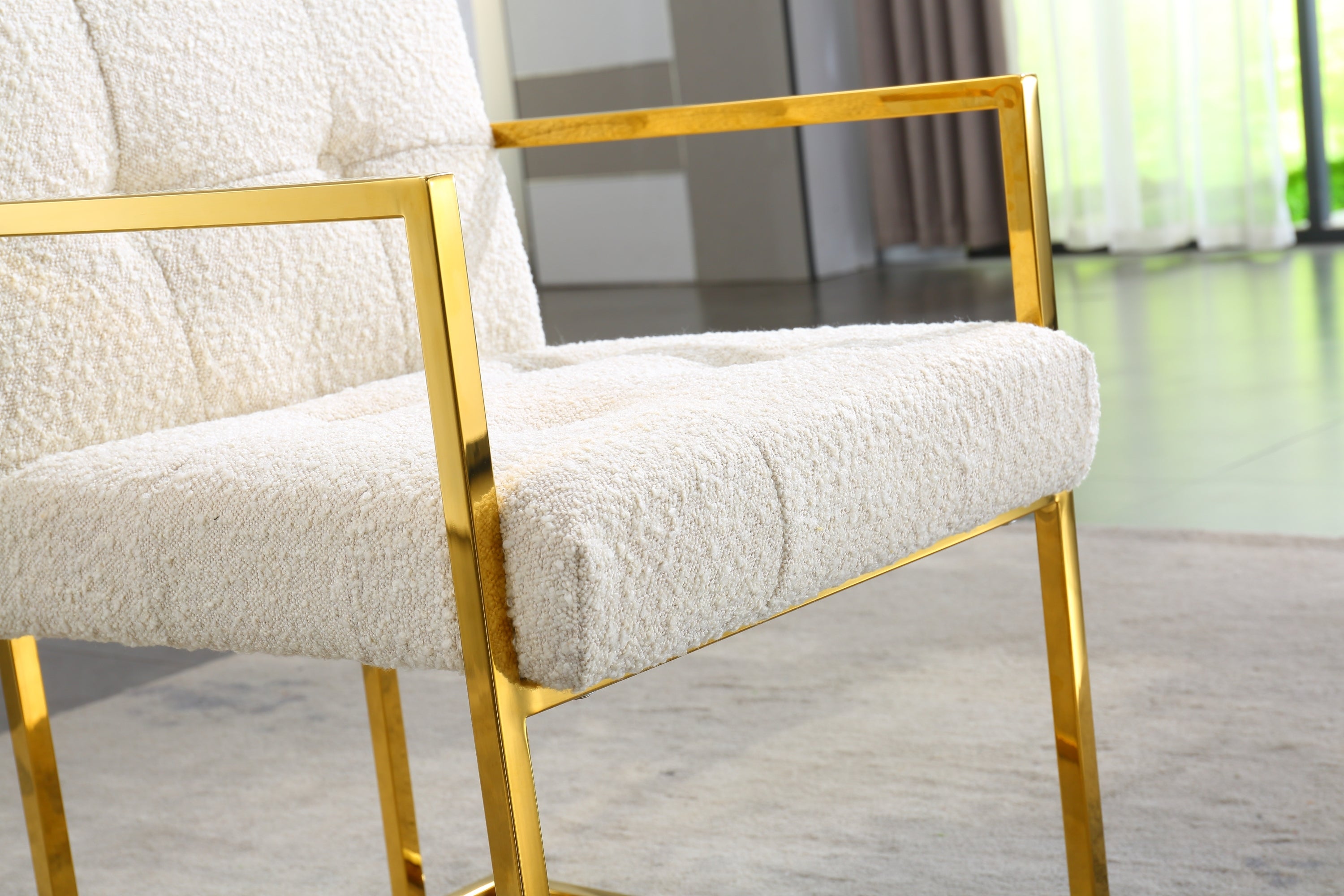 Modern Linen Dining Arm Chair Set of 1, Tufted Design and Gold Finish Stainless Base