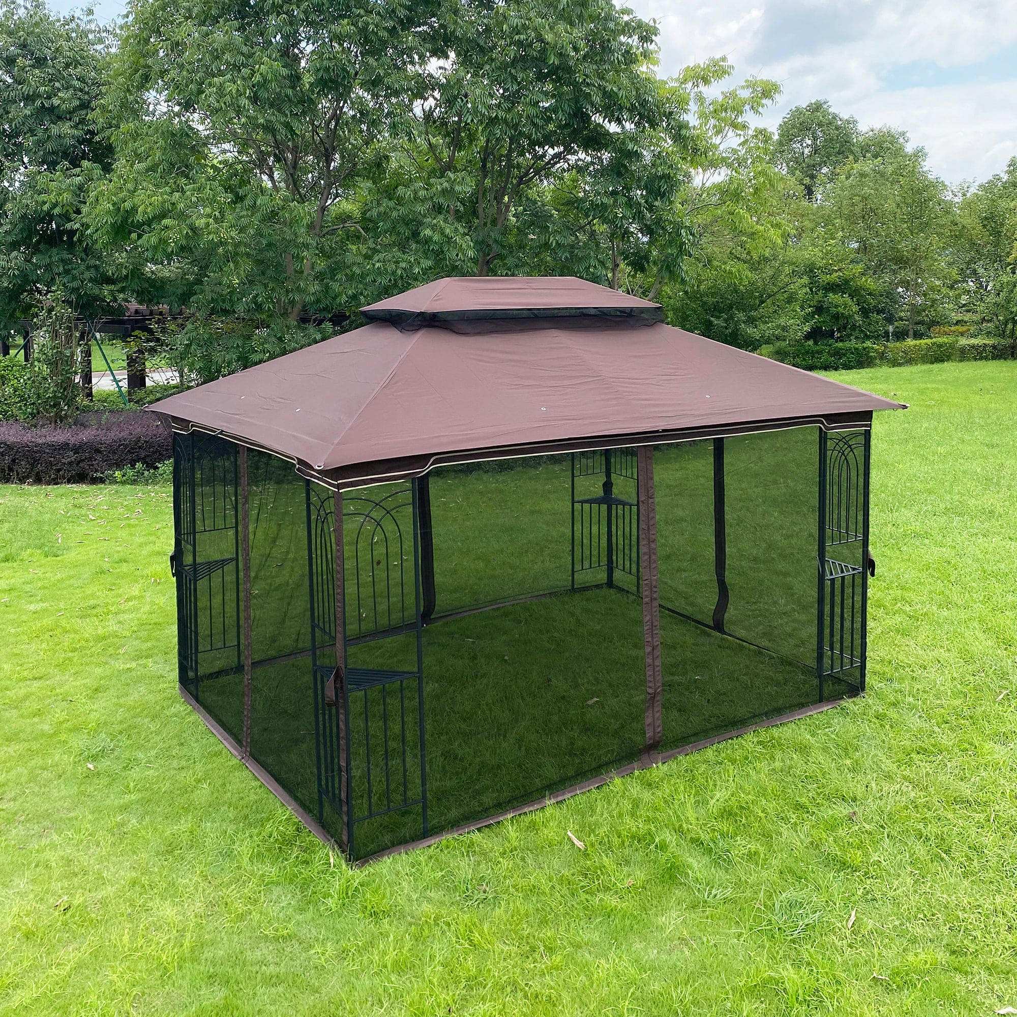 13x10 Outdoor Patio Gazebo Canopy Tent With Ventilated Double Roof And Mosquito net(Detachable Mesh Screen On All Sides),Suitable for Lawn, Garden, Backyard and Deck,Brown Top