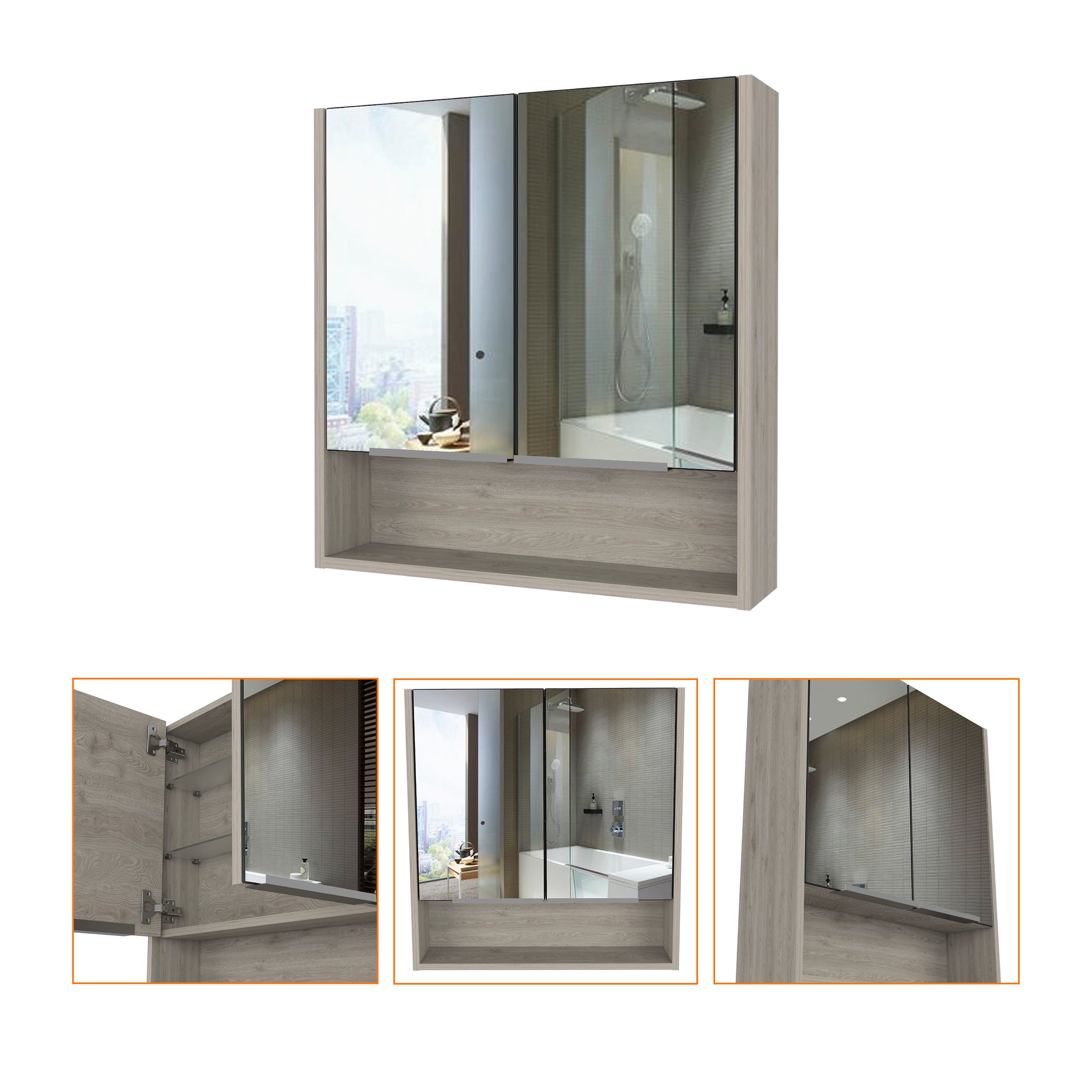 Medicine Cabinet with Mirror  Lexington,Three Internal Shelves, Light Gray Finish