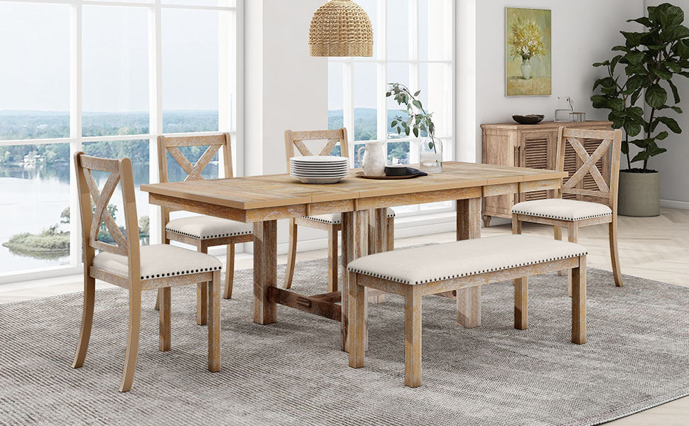 TOPMAX Farmhouse 82inch 6-Piece Extendable Dining Table with Footrest, 4 Upholstered Dining Chairs and Dining Bench, Two 11"Removable Leaf, Natural+Beige Cushion